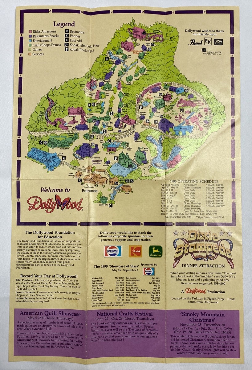 1990 DOLLYWOOD Dolly Parton Guide Map Brochure Poster Kodak Amusement Souvenir EBay