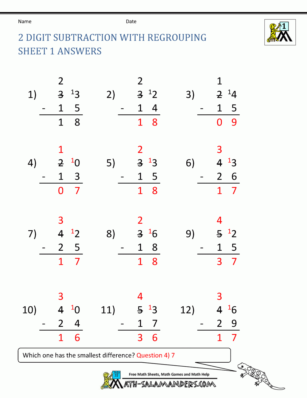 2 Digit Subtraction Worksheets