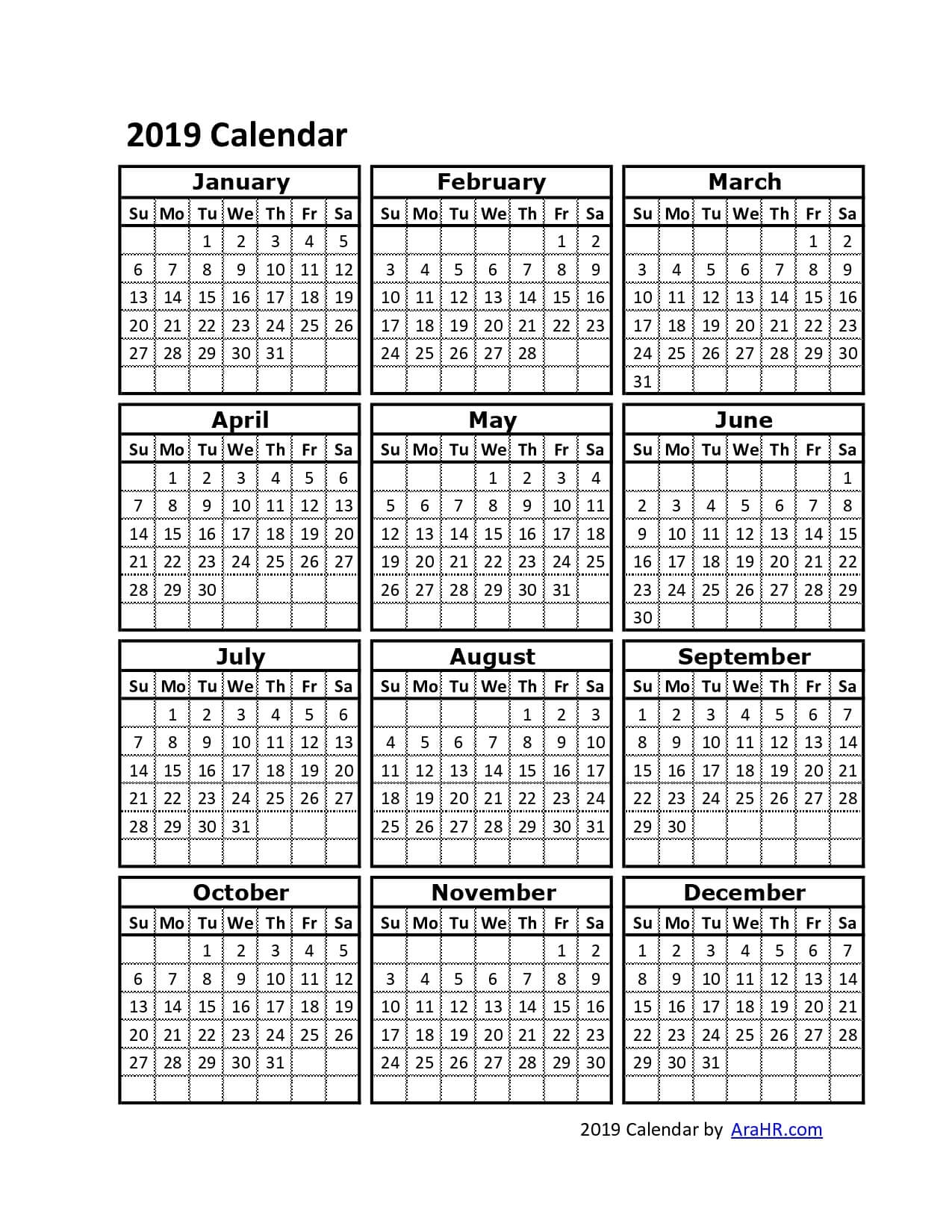 2019 Calendar Yearly Monthly Free Printable Template Excel PDF Image ARAHR