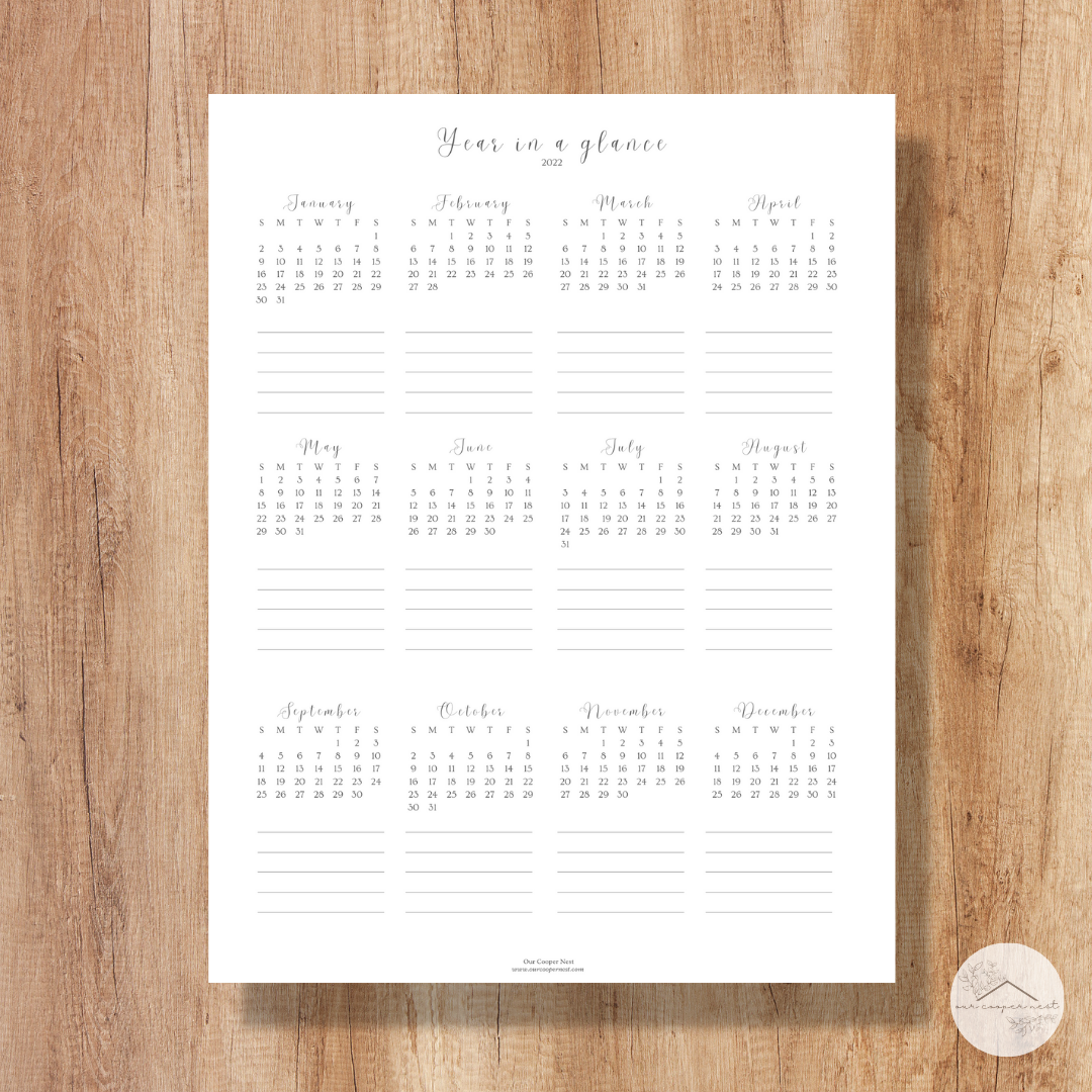 2022 Year In A Glance Calendar Printable