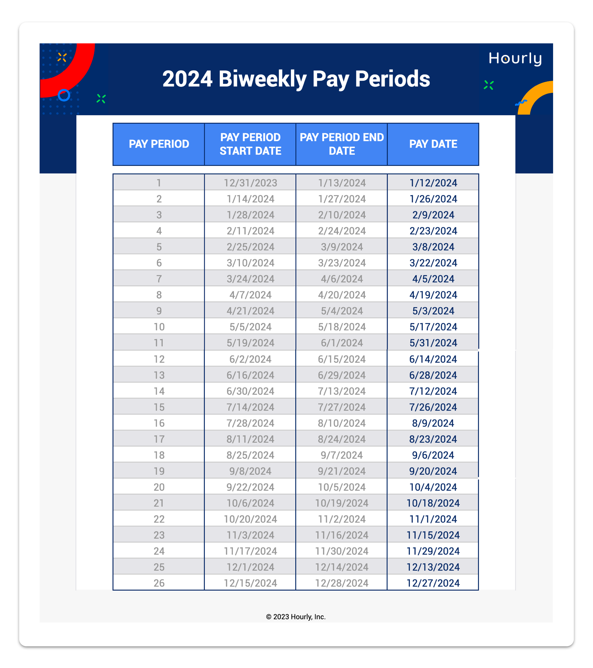 2023 And 2024 Biweekly Payroll Calendar Templates Hourly Inc 