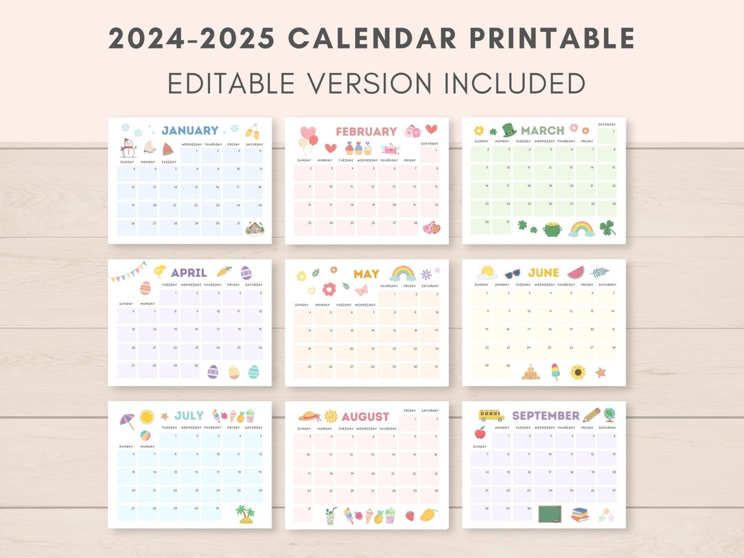 2024 2025 Calendar Printable Printable Calendar Editable Calendar 2024 Calendar 2025 Calendar 2024 2025 Planner Monthly Calendar PDF Etsy
