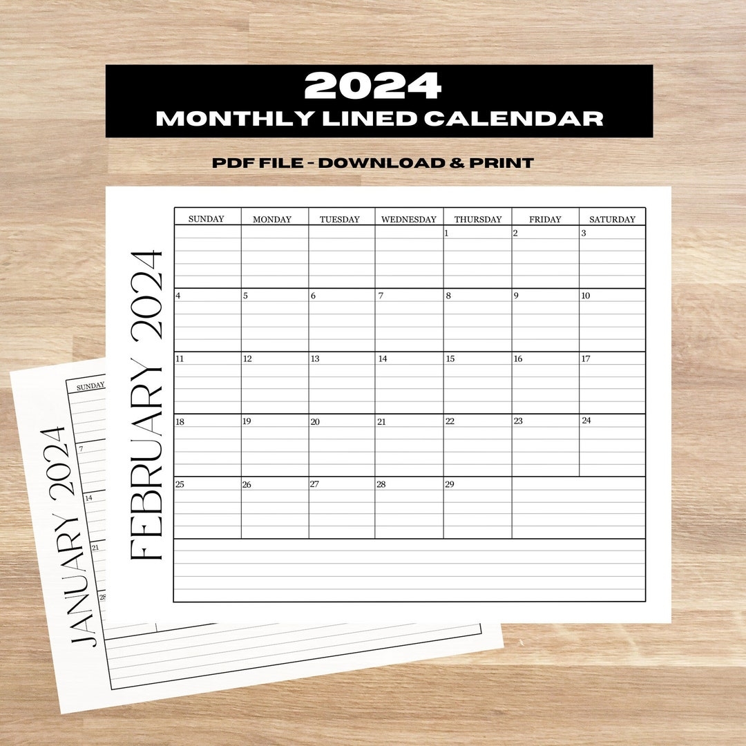 2024 Printable Calendar 2024 Calendar Printable Lined Monthly Calendar 2024 Monthly Planner Etsy