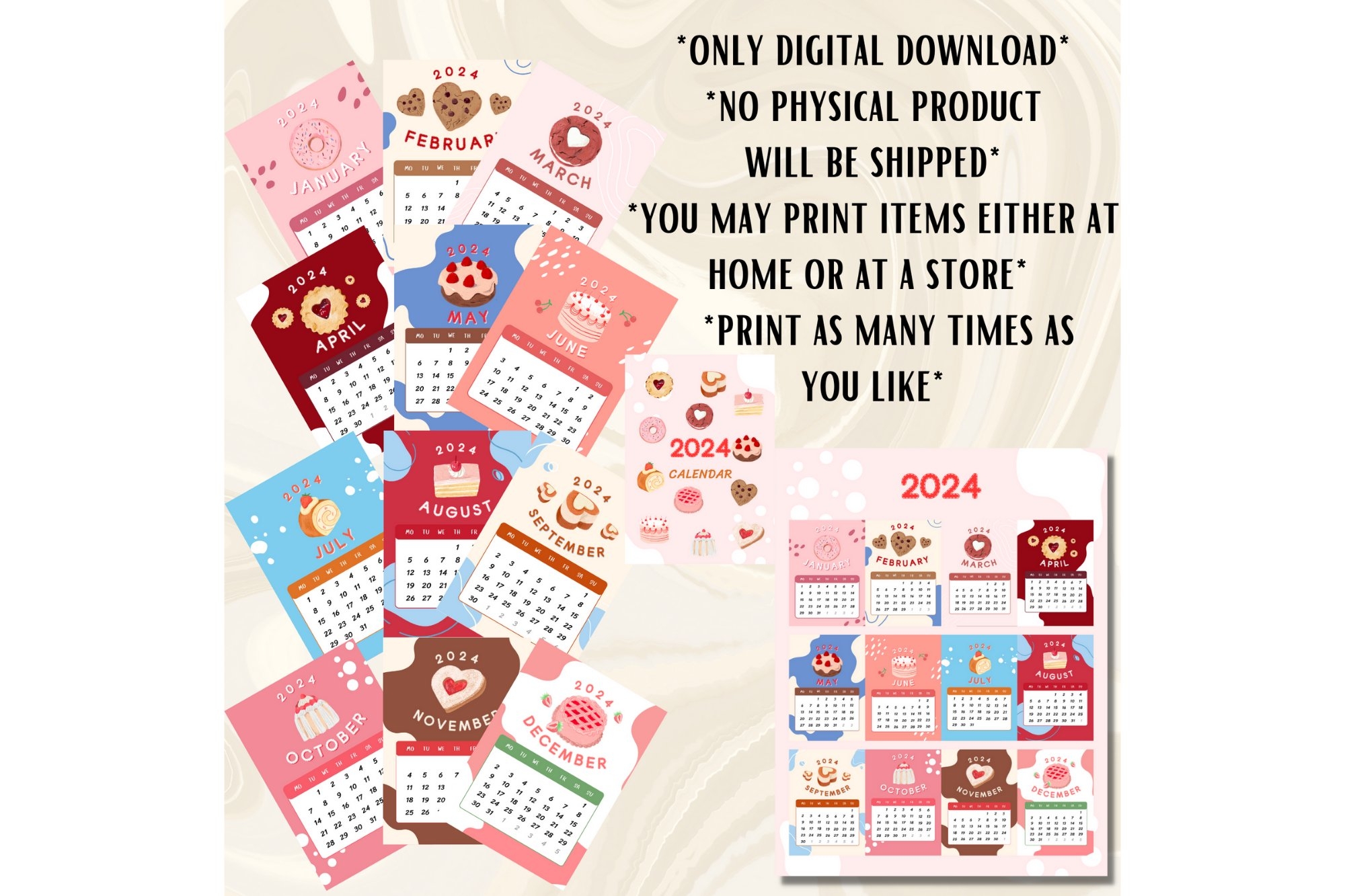 2024 Printable Calendar Set Cute Pink Yummy Cake Themed PDF 2024 Printable Calendar Set Cute Pink Yummy Cake Themed PDF