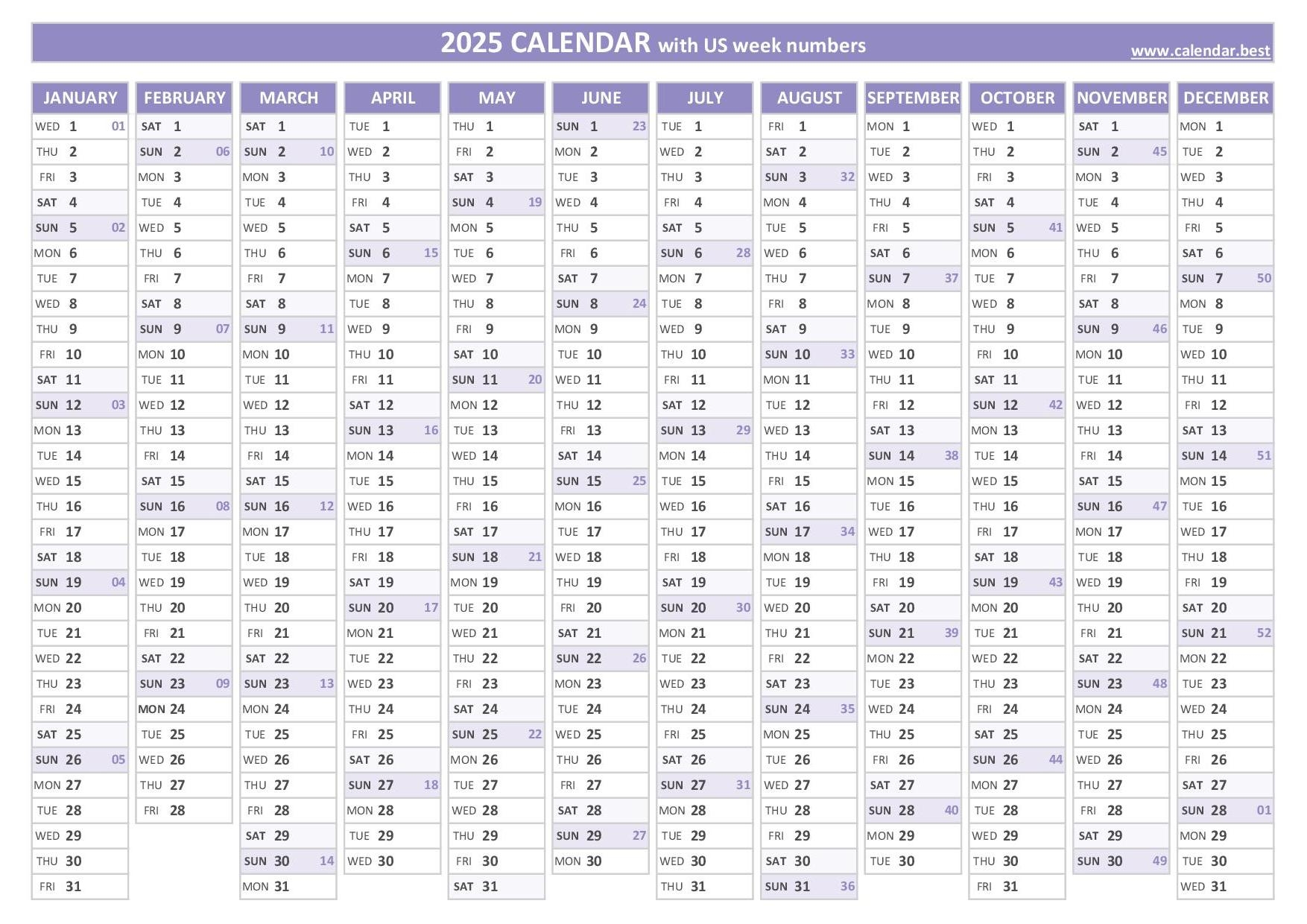 2025 Calendar With Week Numbers US And ISO Week Numbers 