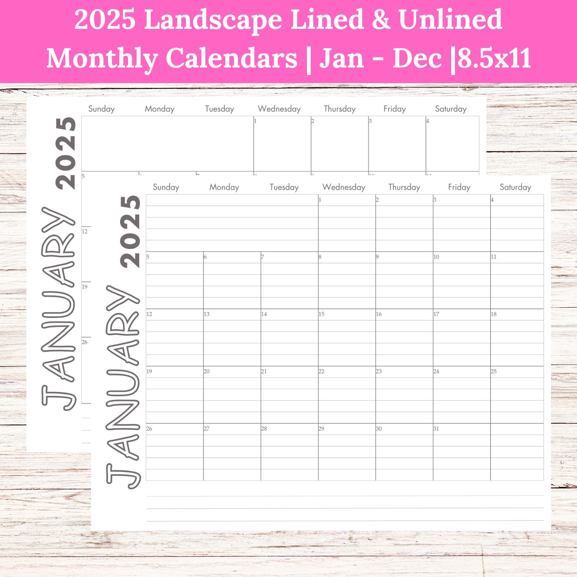 2025 Landscape Lined Unlined Monthly Calendars Jan Dec PDF Printable Download