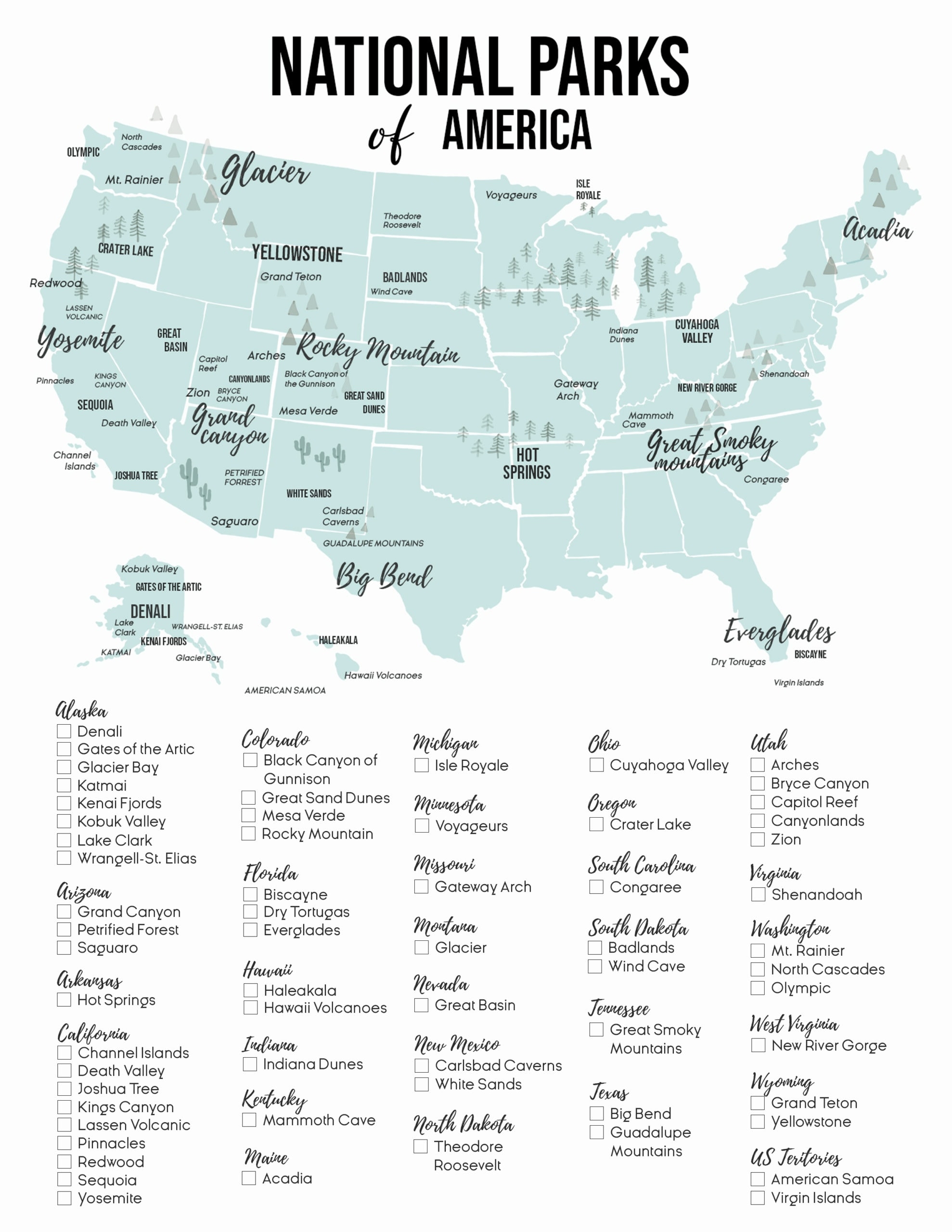 2025 U S National Park List By State Free Printable Map U0026 Checklist 