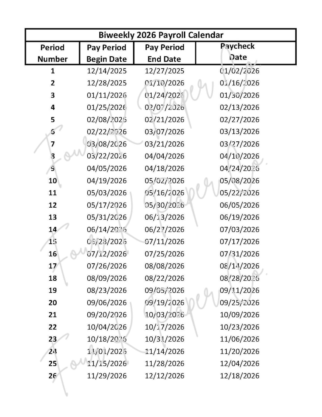 2026 Biweekly Payroll Calendar Printable Digital Pay Period Planner Payroll Schedule For Employers And Employees PDF Download Etsy Israel