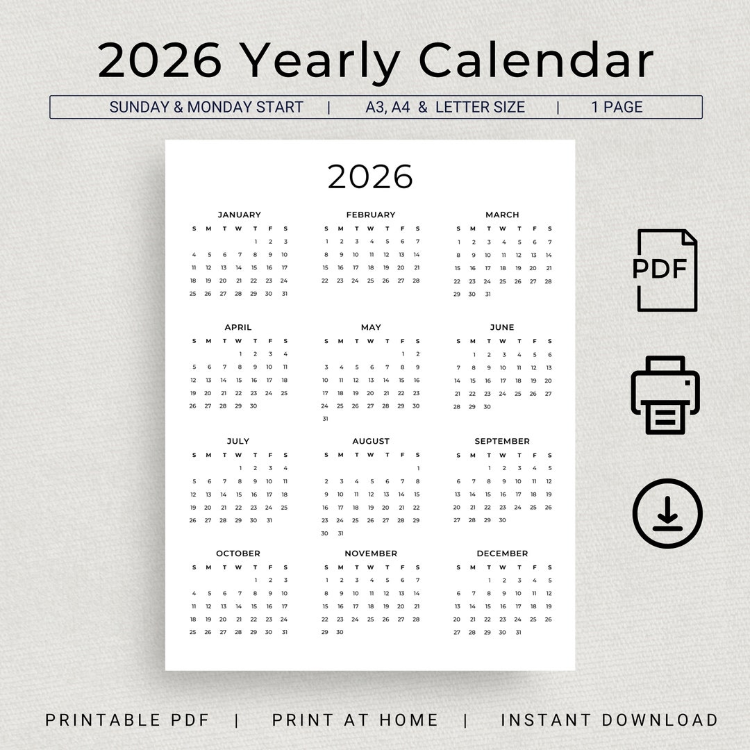 2026 Calendar 2026 Yearly Calendar Printable 2026 Wall Calendar 2026 Year At A Glance Minimalist Calendar A3 A4 Letter Monday Sunday Start Etsy