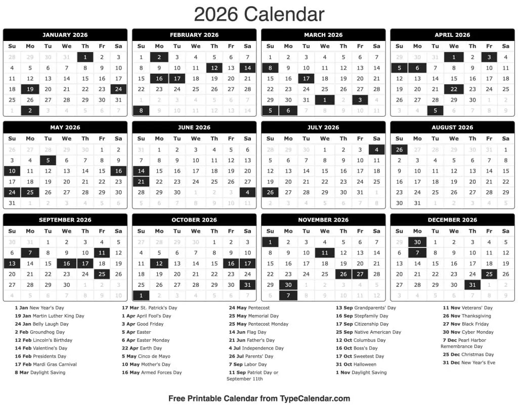 2026 Federal Payroll Calendar Printable