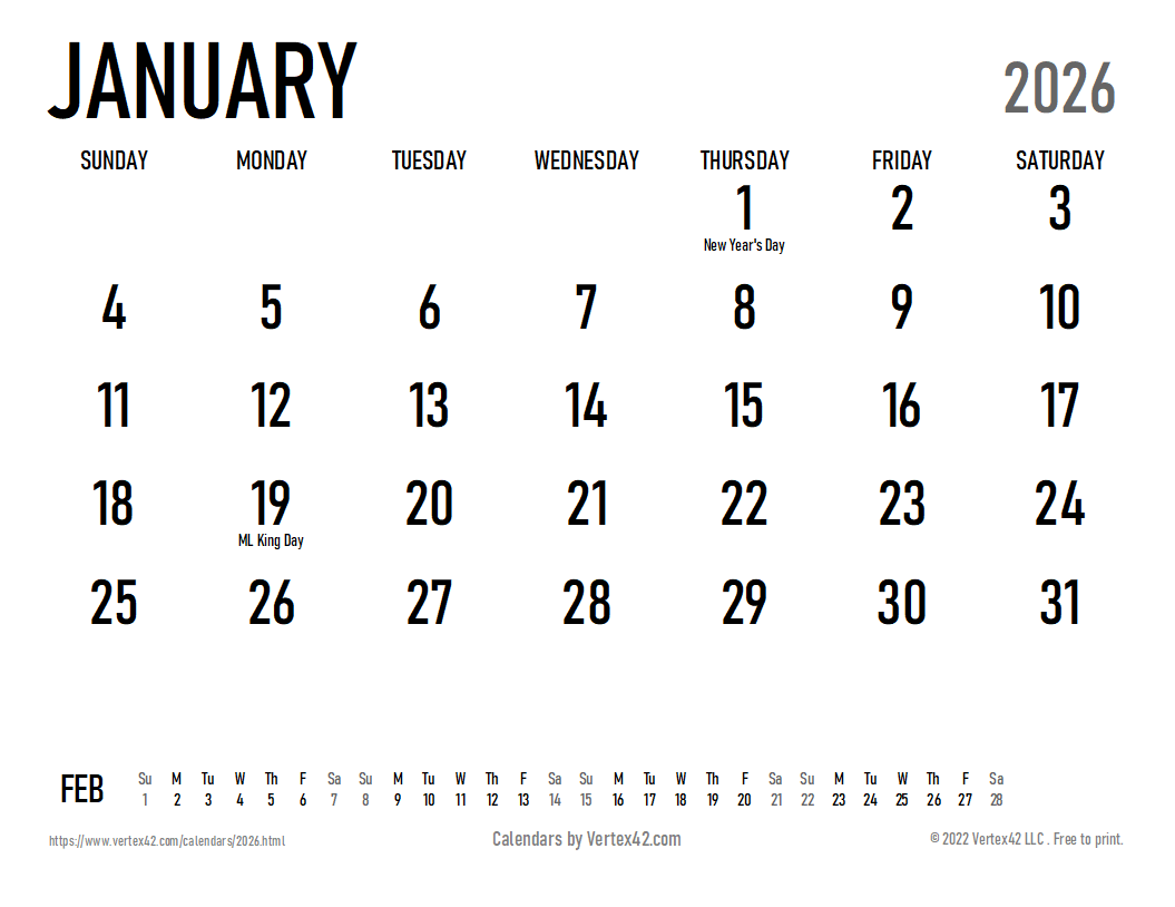 2026 12 Month Calendar Printable