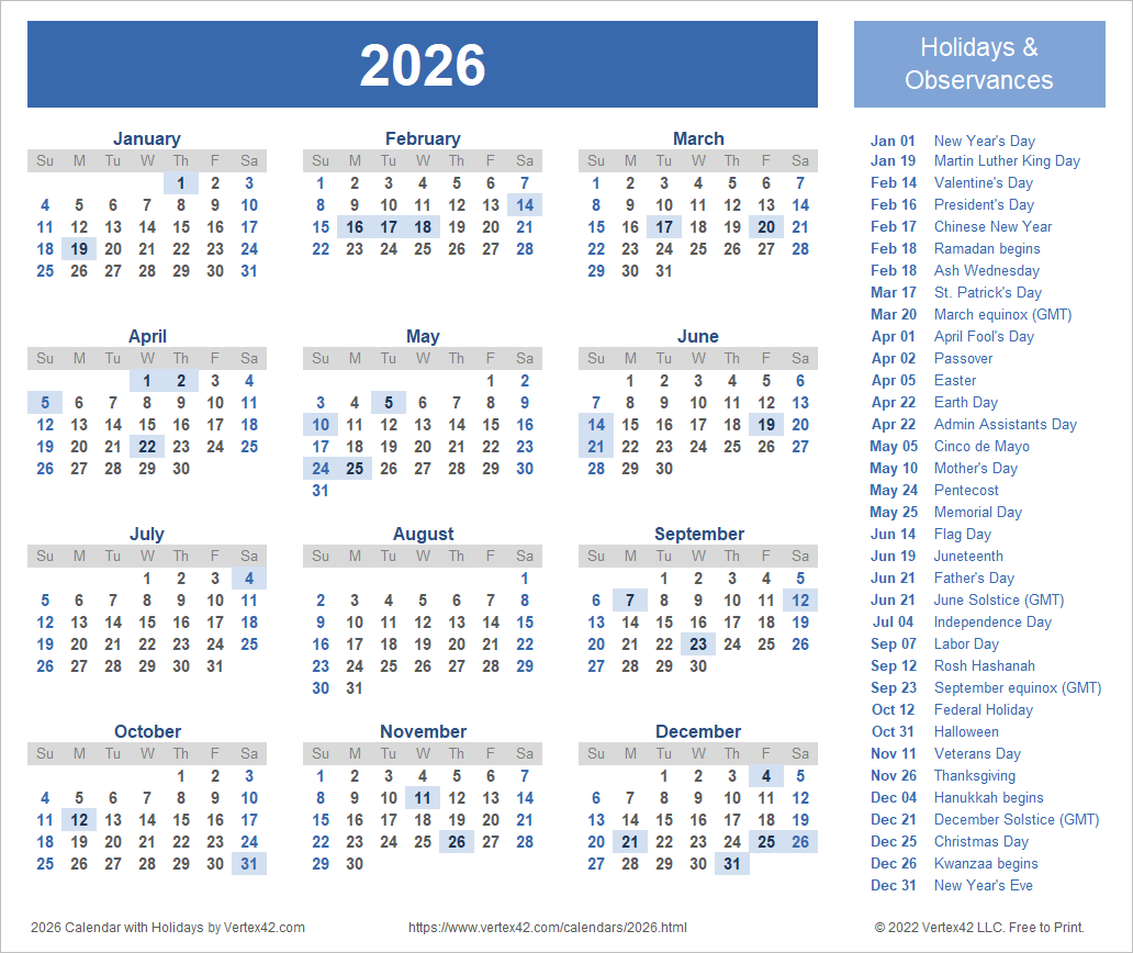 Large Print 2026 Calendar Printable