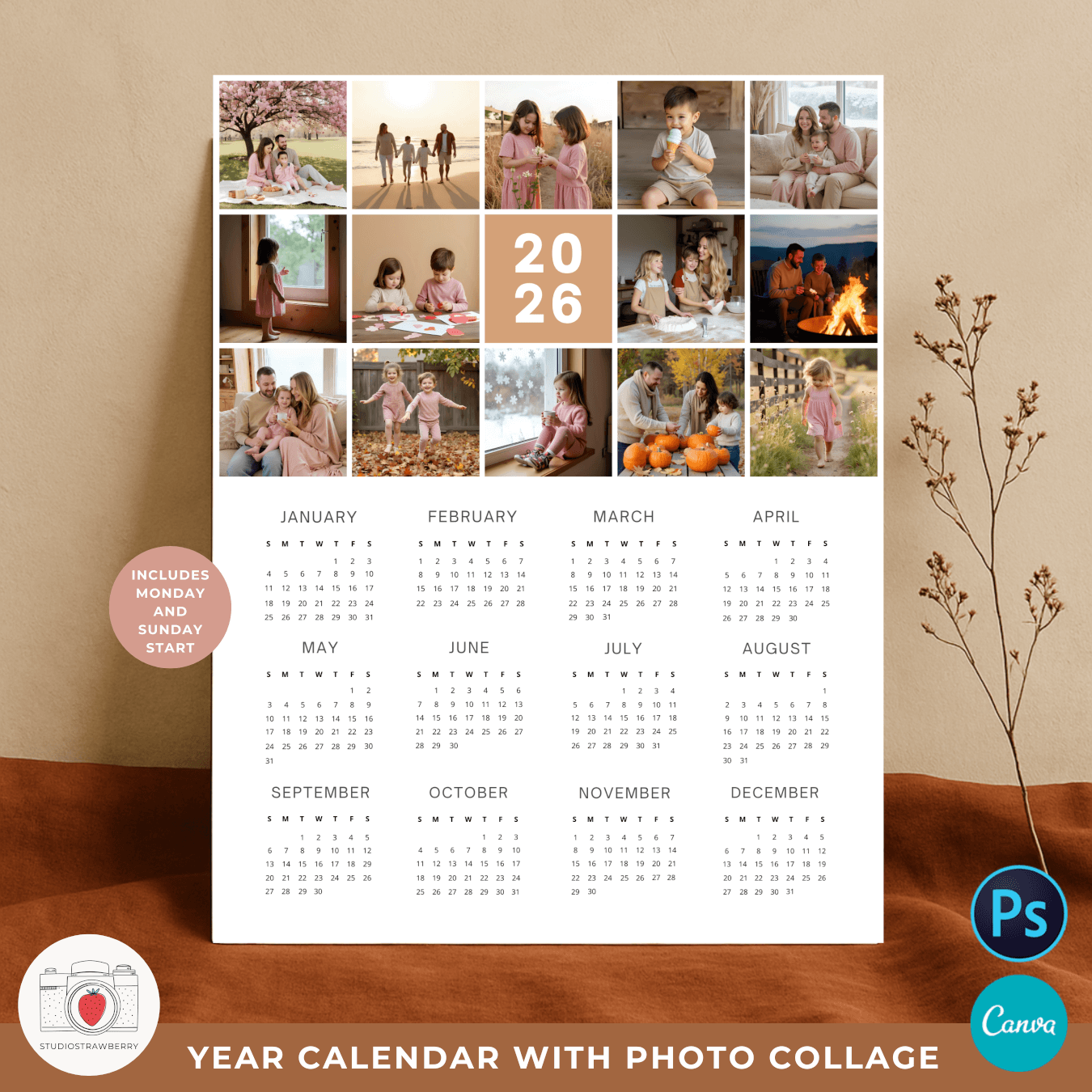 2026 Calendar With Customizable Grid Photo Collage Strawberry Kit