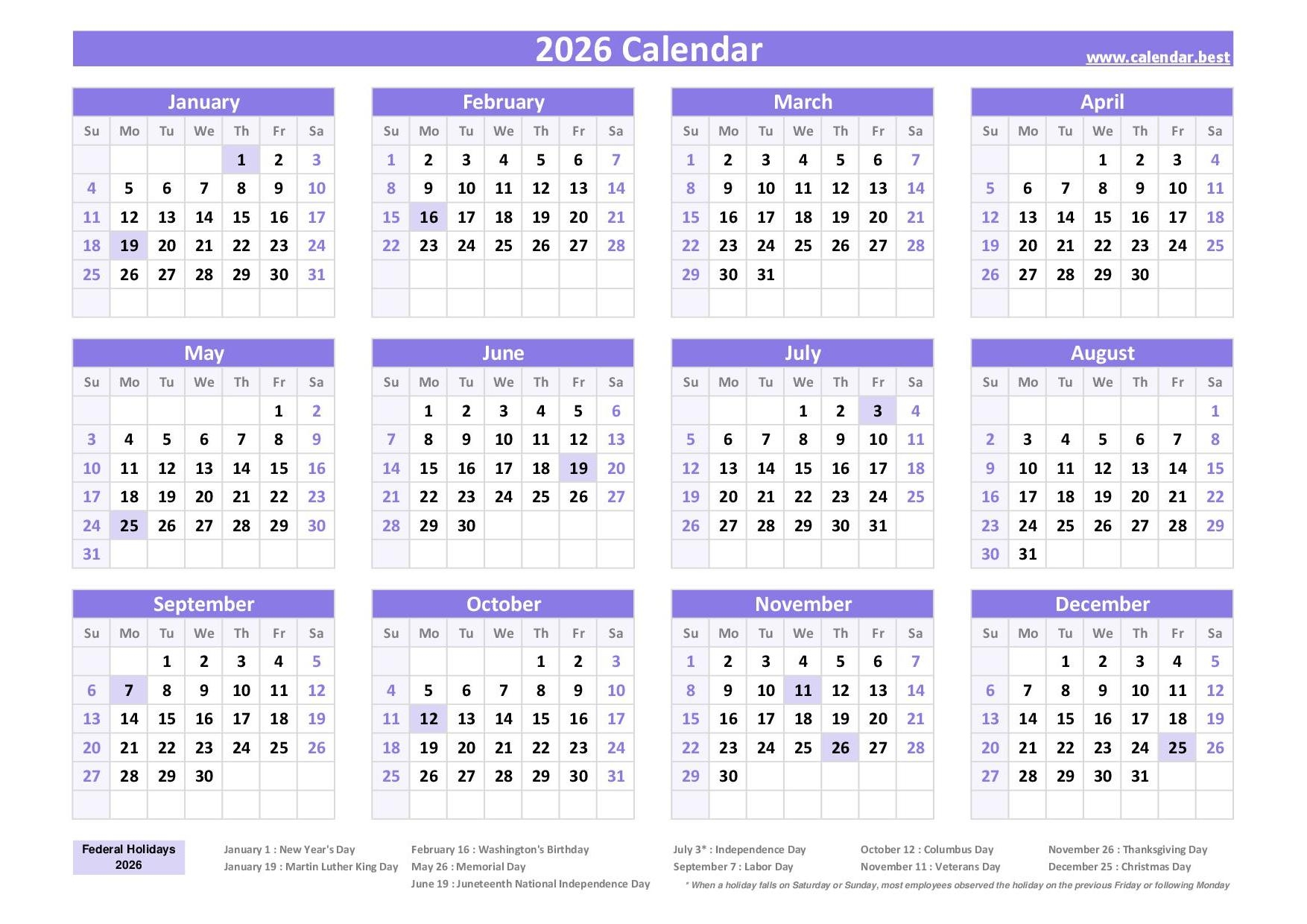2026 Calendar With Holidays US Federal Holidays 2026 Calendar With Holidays US Federal Holidays