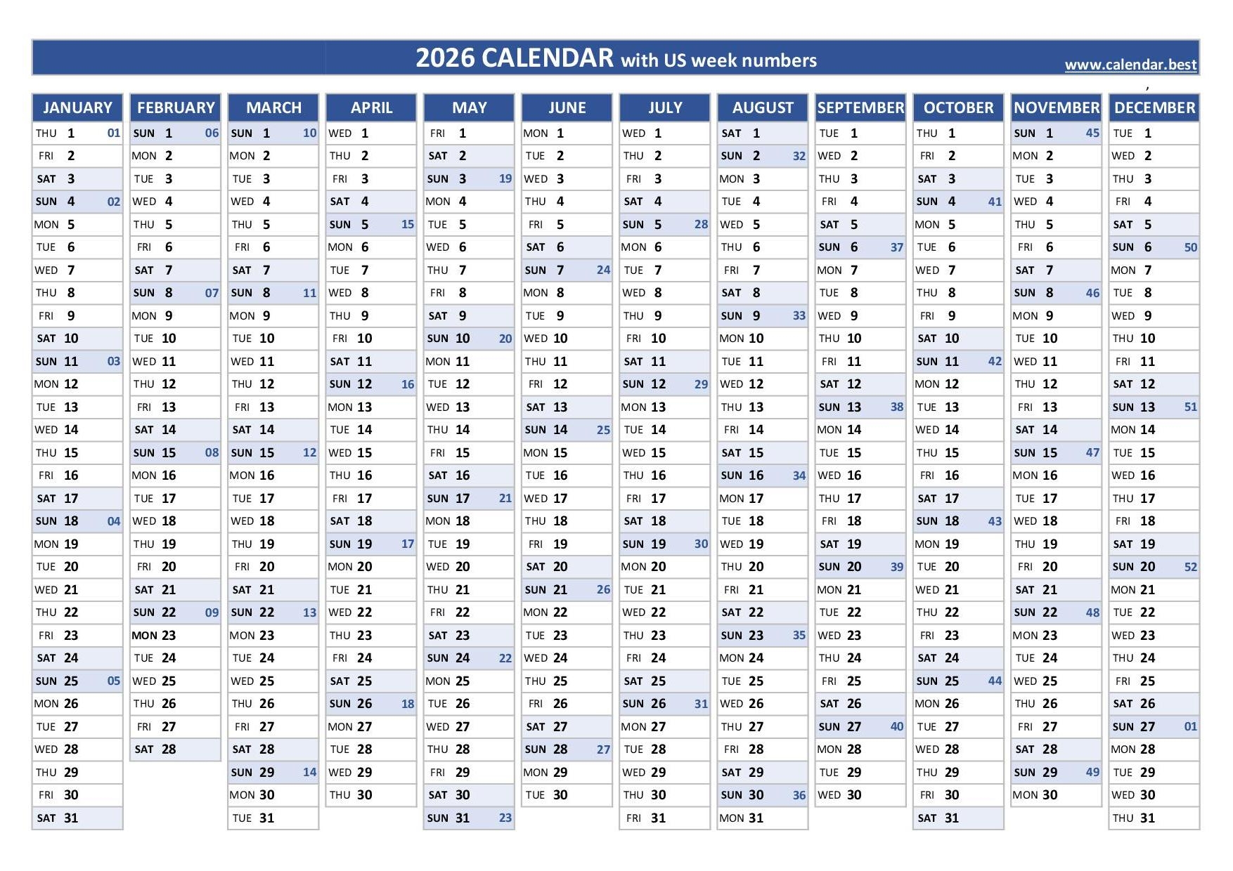 2026 Calendar In Weeks Printable