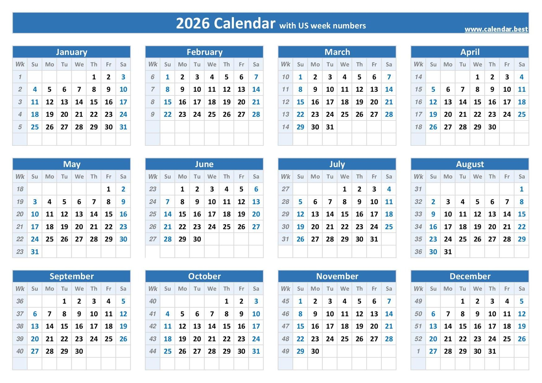 2026 Calendar With Week Numbers US And ISO Week Numbers