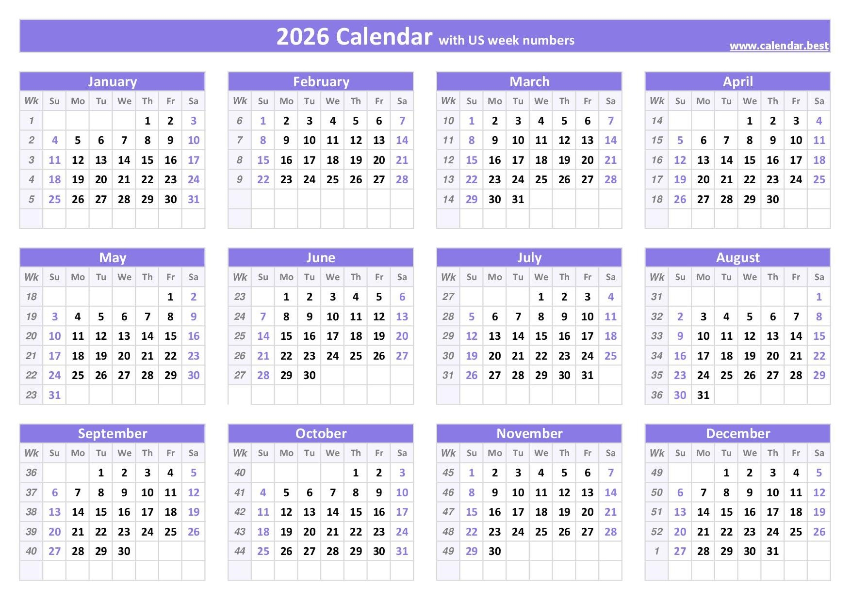 2026 Calendar With Week Numbers US And ISO Week Numbers 