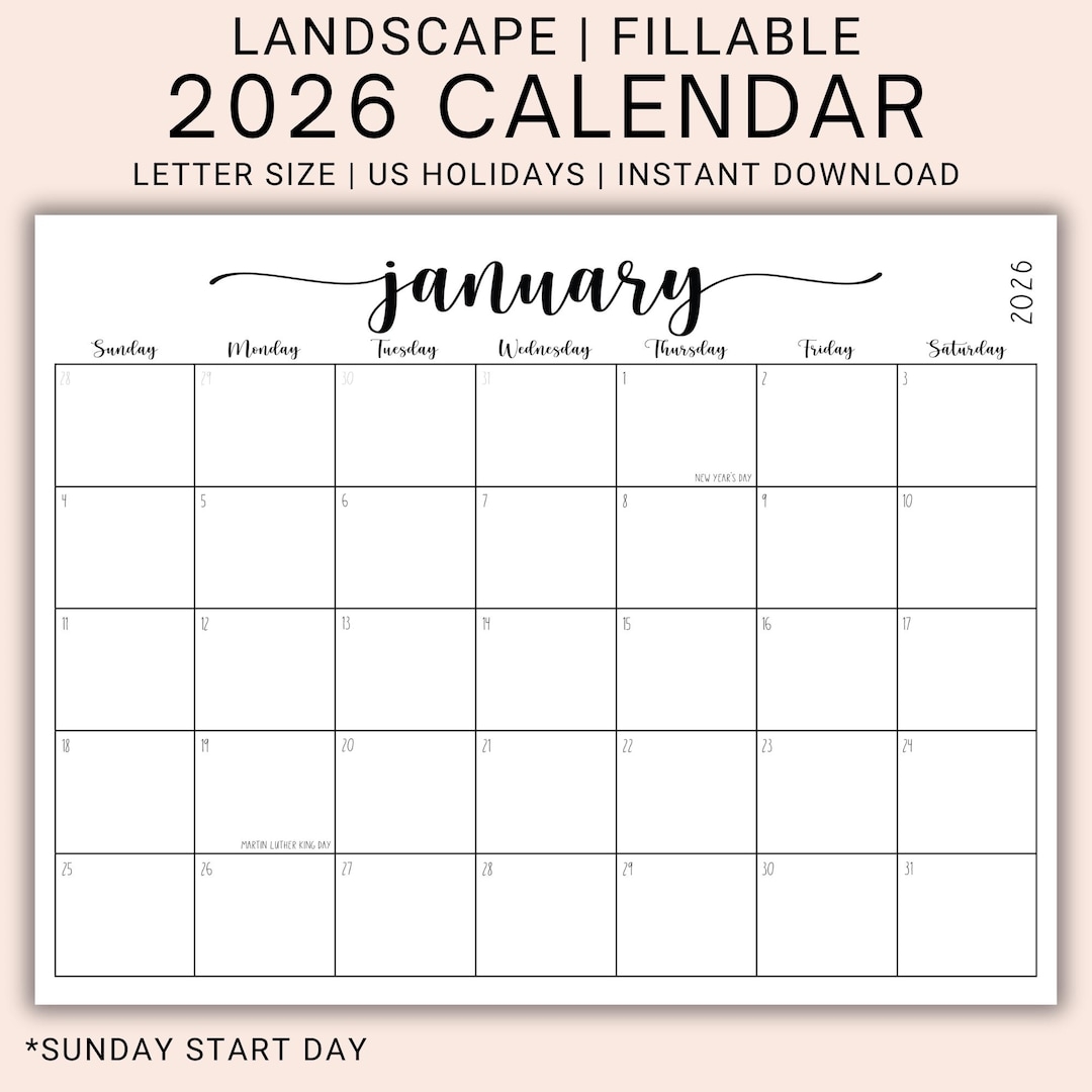 2026 Editable Calendar PDF Fillable Monthly Planner Pages Landscape Layout Printable Schedule Organizer Digital Download CFWNH Etsy