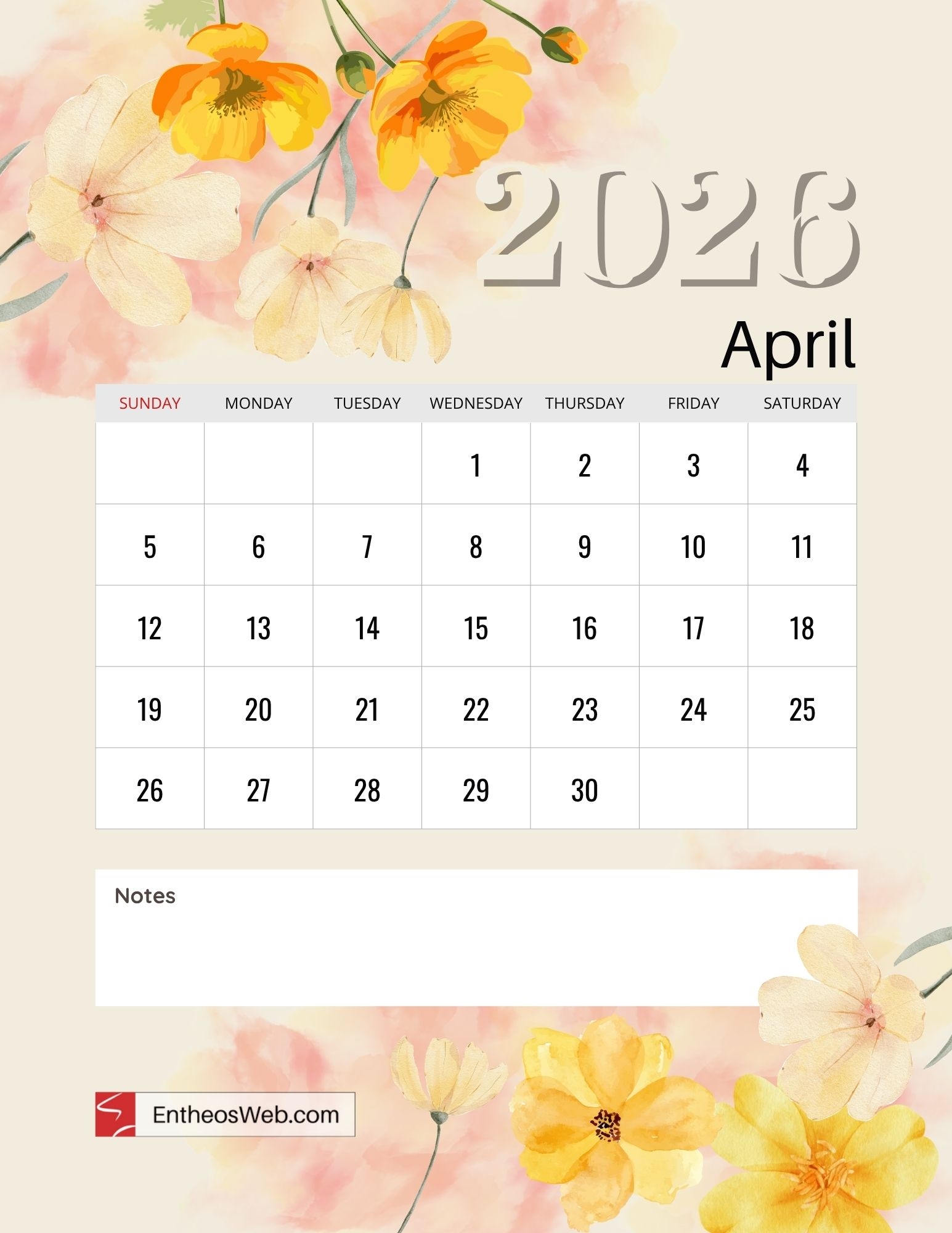 2026 Floral Month Calendar Printables EntheosWeb