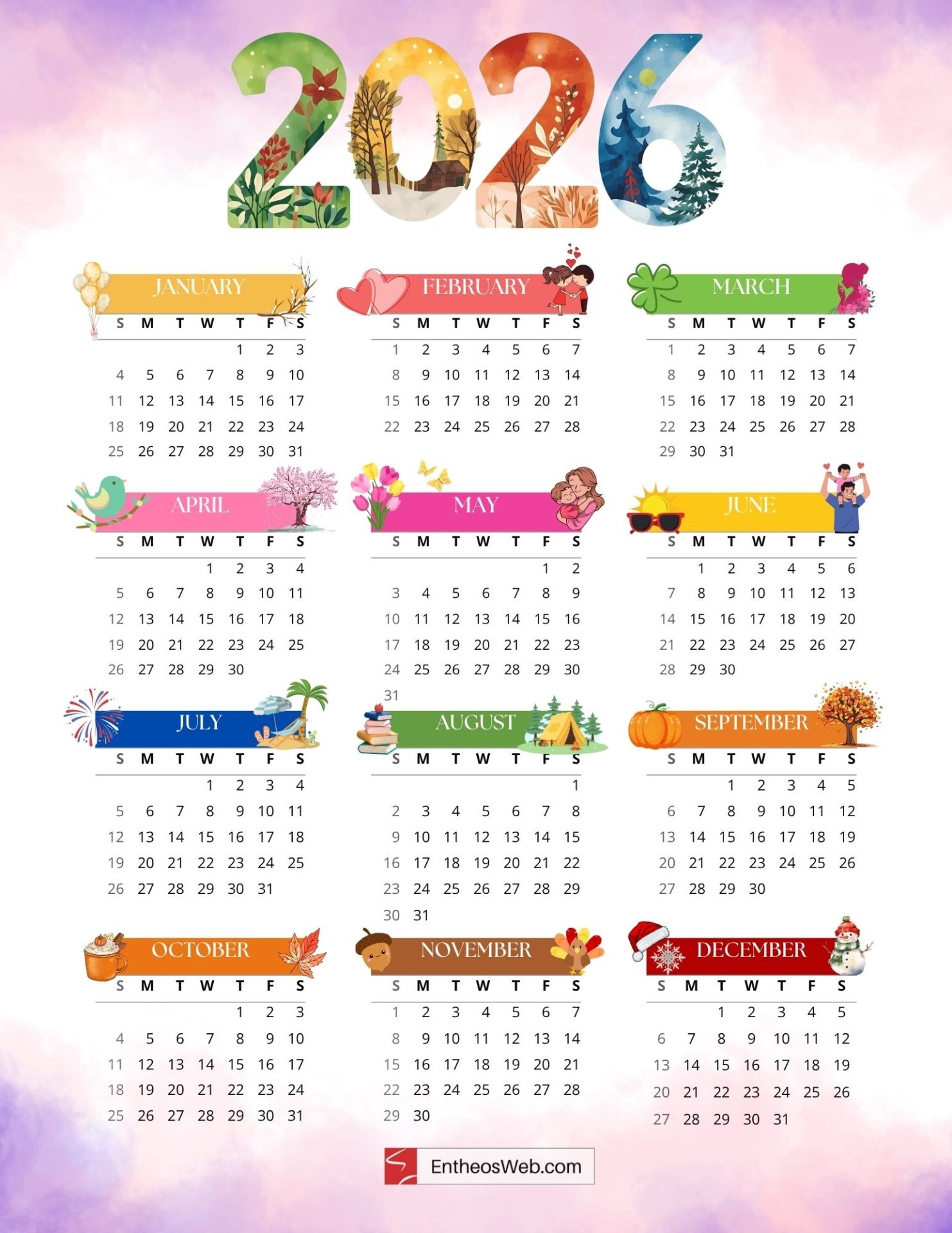 2026 Full Year Free Printable One Page Calendars EntheosWeb