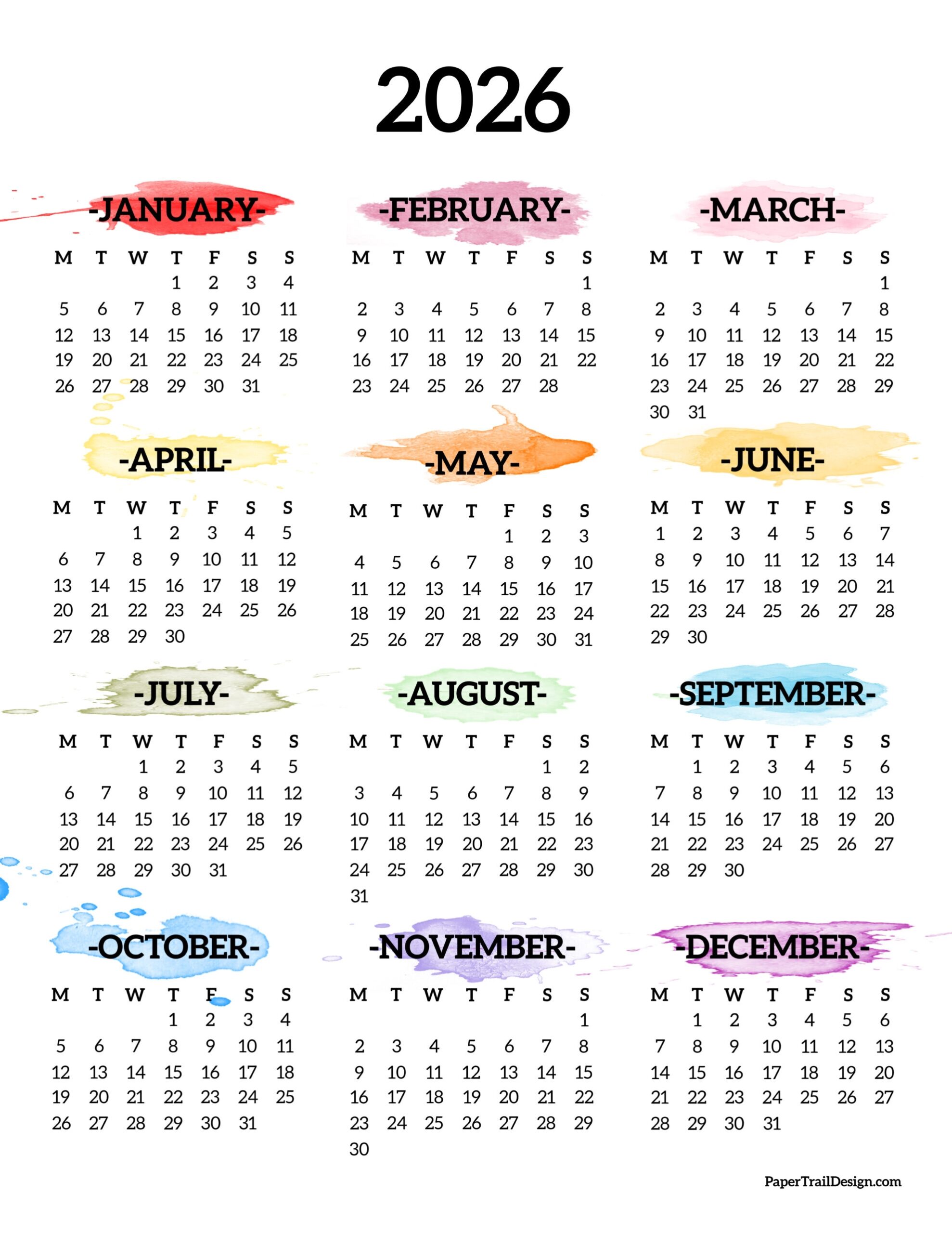 2026 Calendar Monday Start Printable