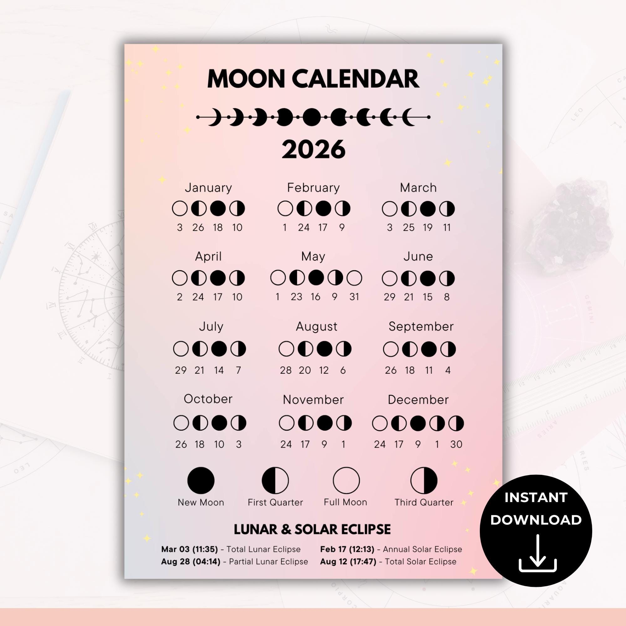 2026 Moon Phases Calendar Lunar Calendar Astrology Calendar Moon Cycle PLR Resell Rights Canva Etsy