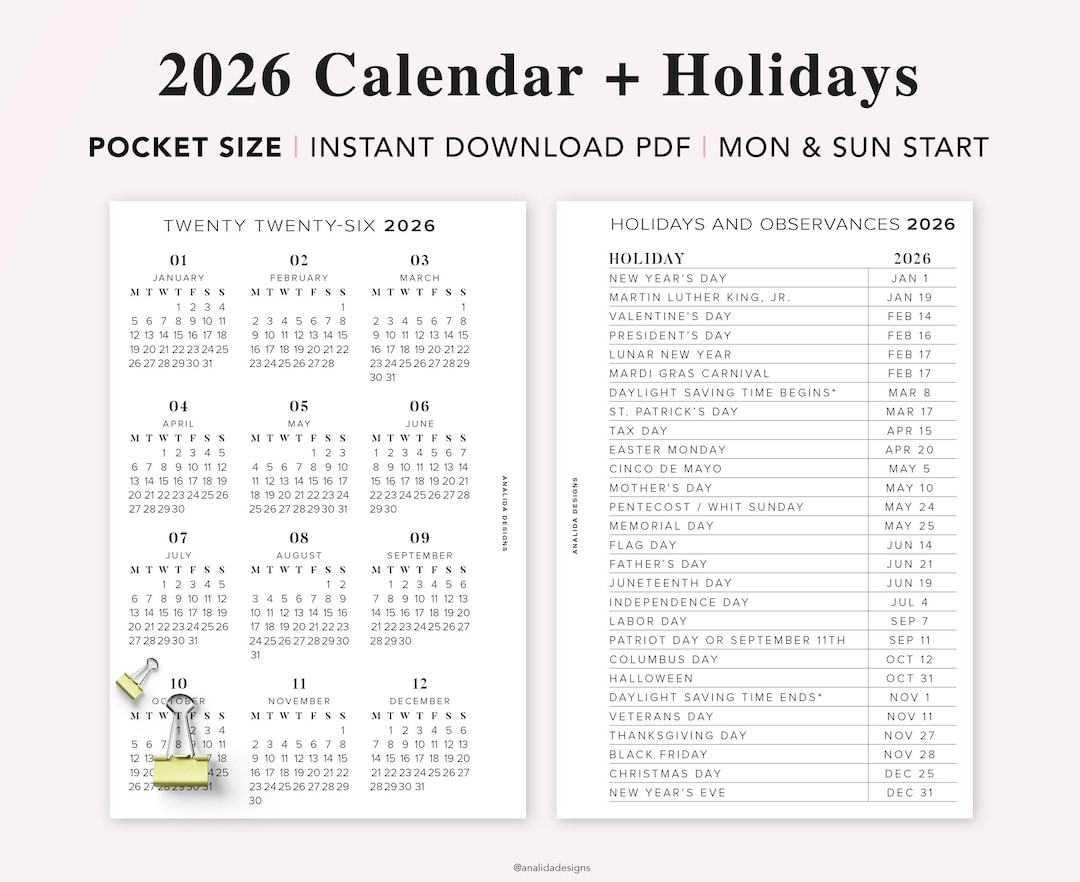 2026 Pocket Calendar With Holidays Year At A Glance PDF Printable Etsy 2026 Pocket Calendar With Holidays Year At A Glance PDF Printable Etsy