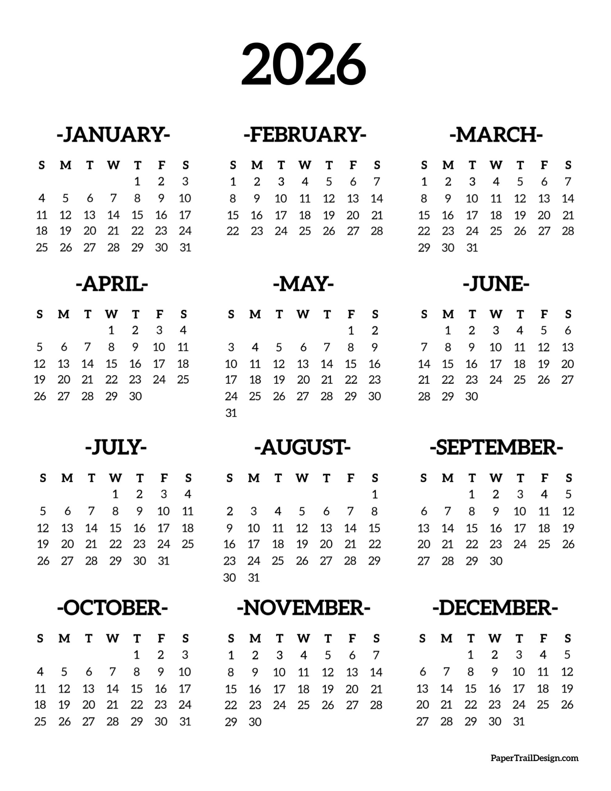 1 Year Printable Calendar 2026
