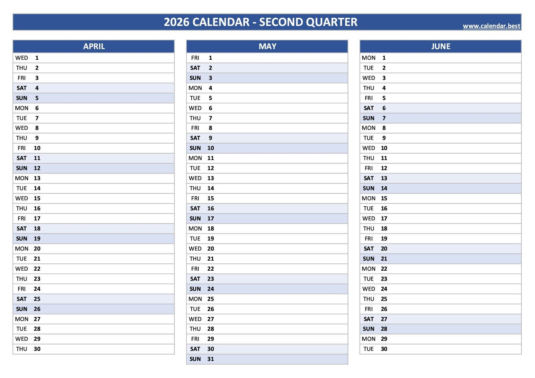2026 Quarterly Calendar To Print