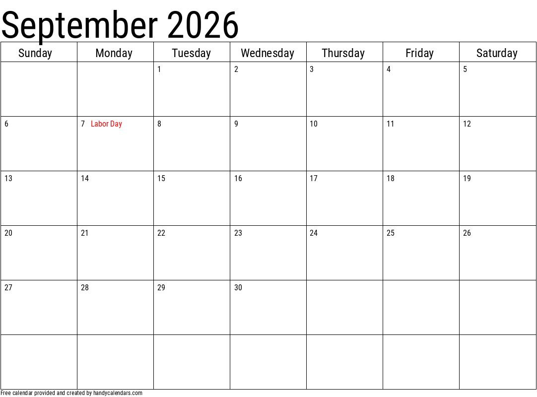 Printable September Calendar 2026 Free