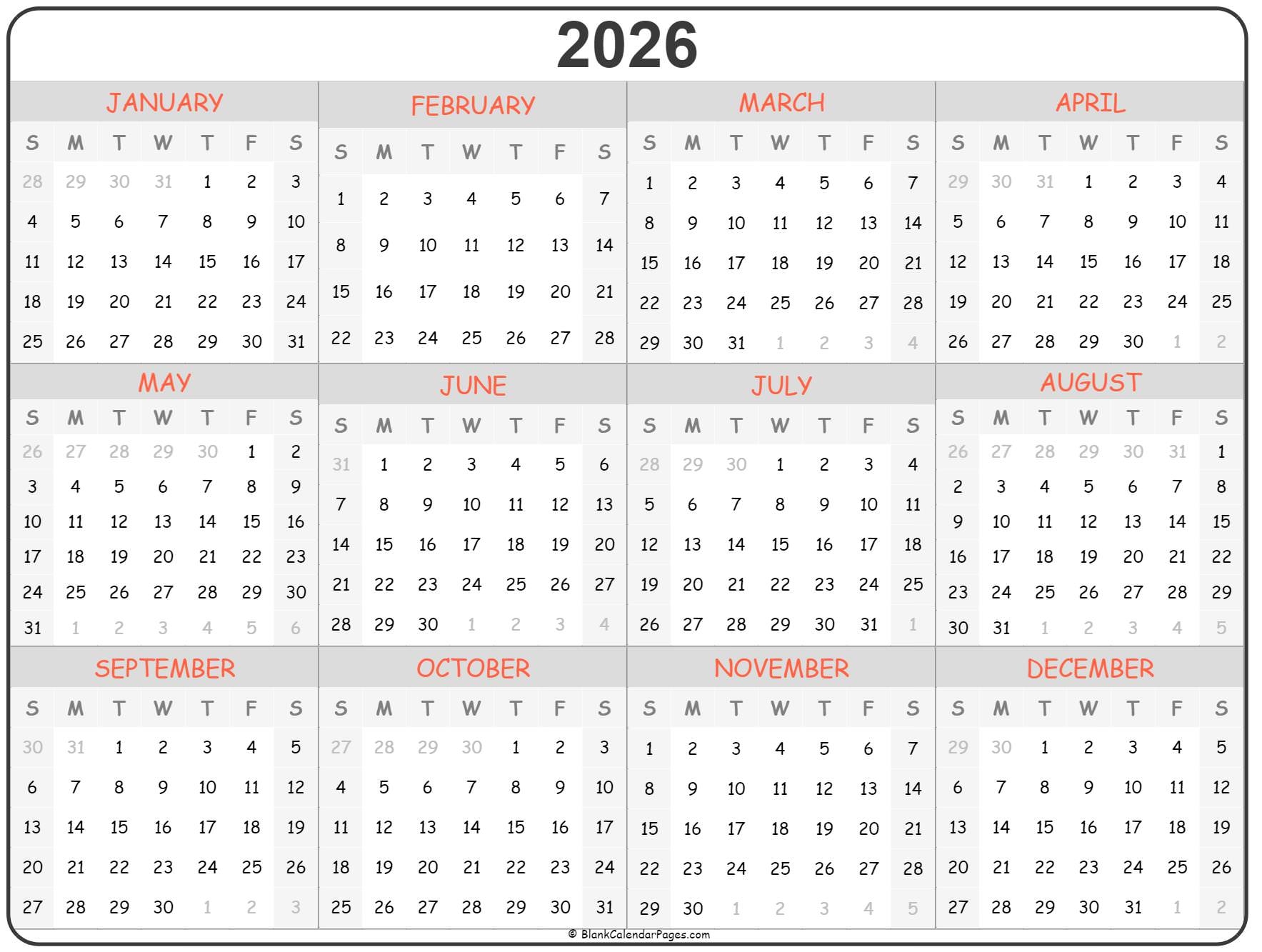 2026 Yearly Calendar Printable One Page 2026 Yearly Calendar Printable One Page