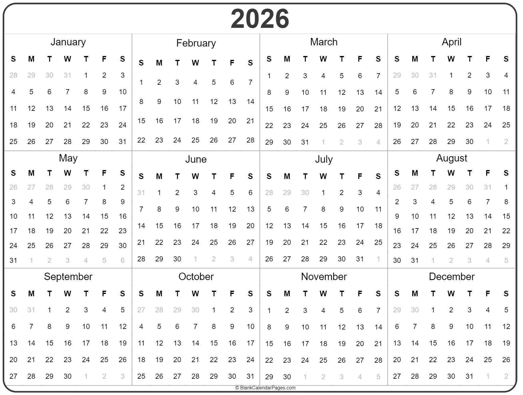 Printable Year Calendar 2026