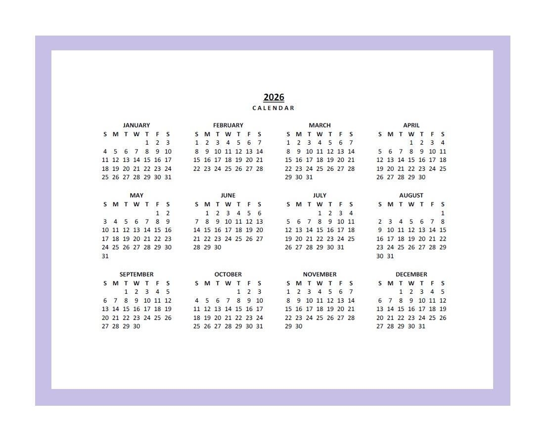 At A Glance Calendar 2026 Printable