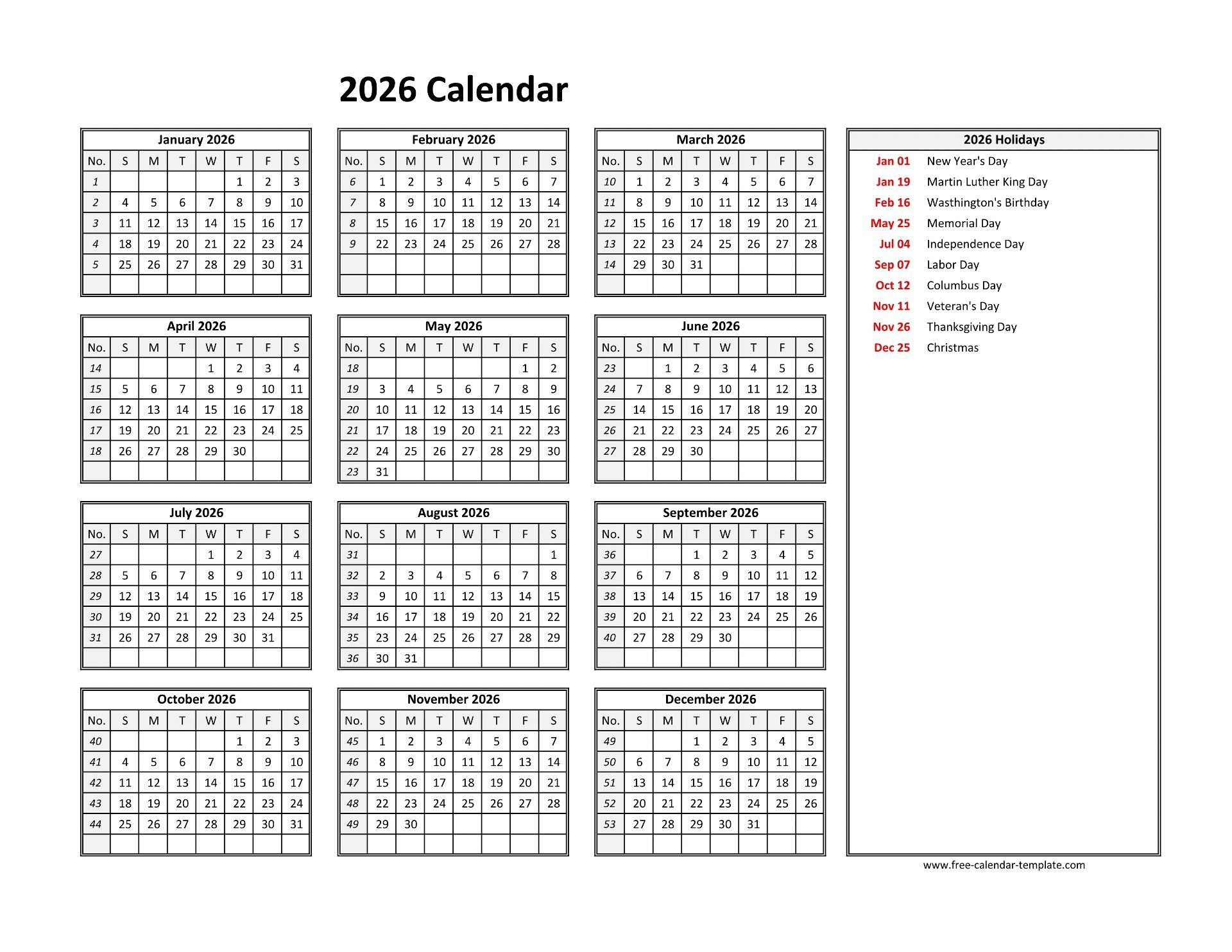 Free Printable 2026 Calendar Template