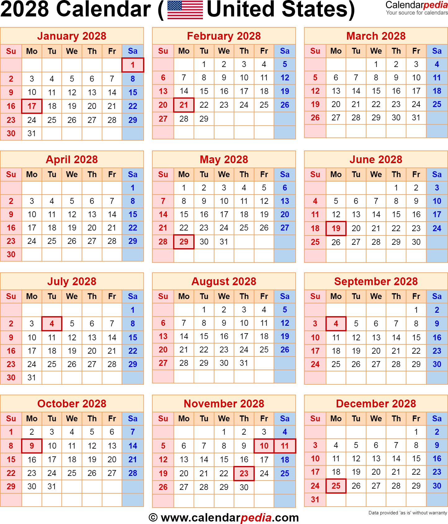 2028 Calendar With Federal Holidays