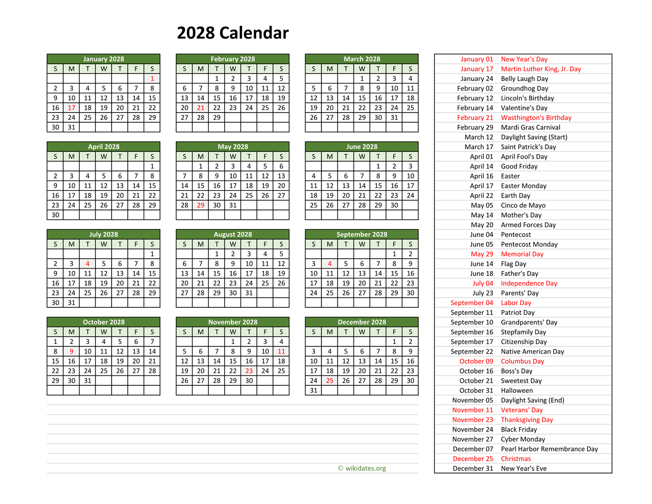 2028 Calendar With US Holidays WikiDates
