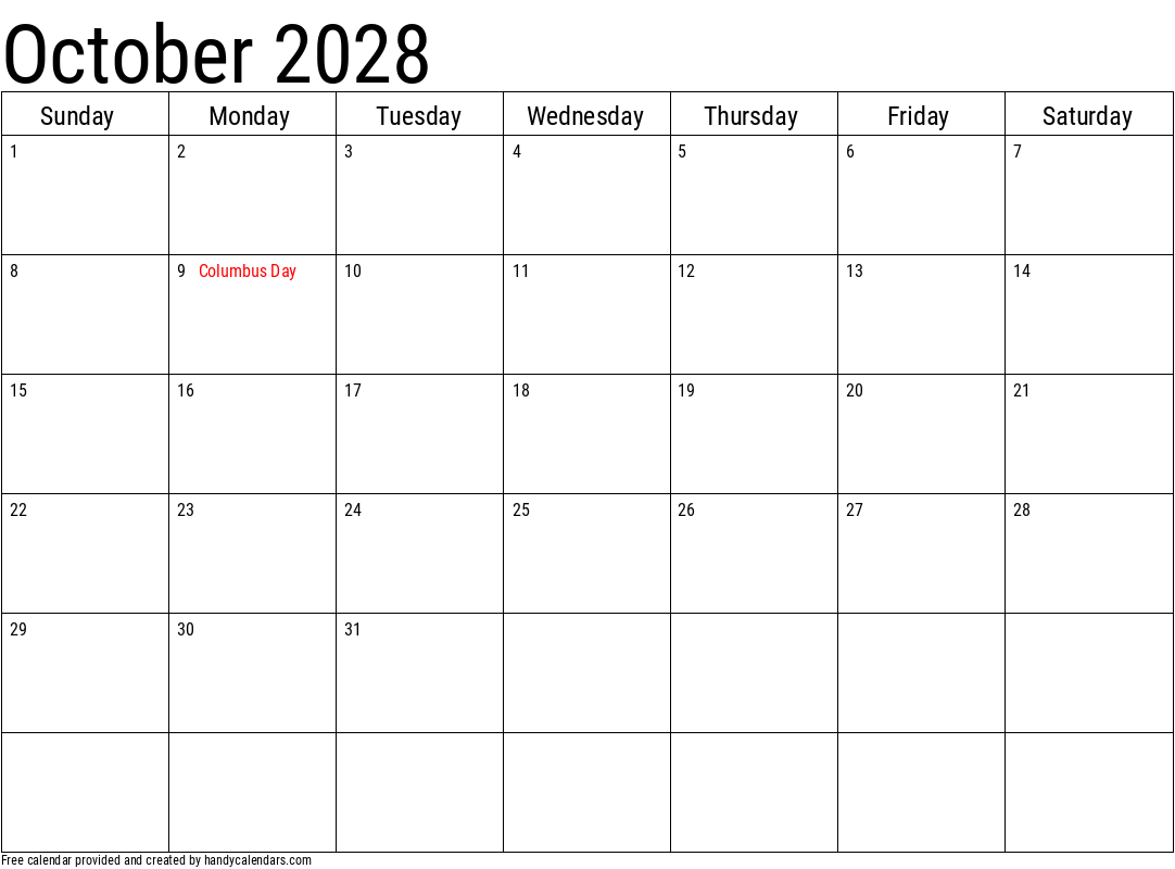 2028 October Calendars Handy Calendars