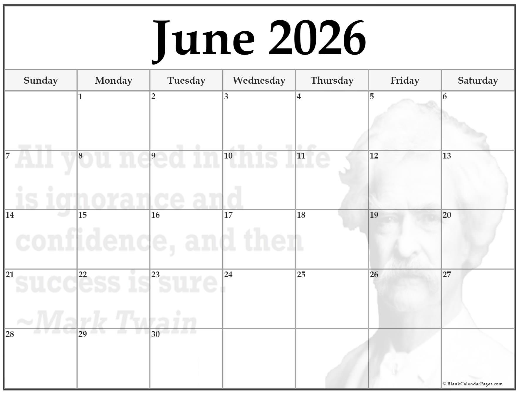 Printable Calendar June 2026 Free