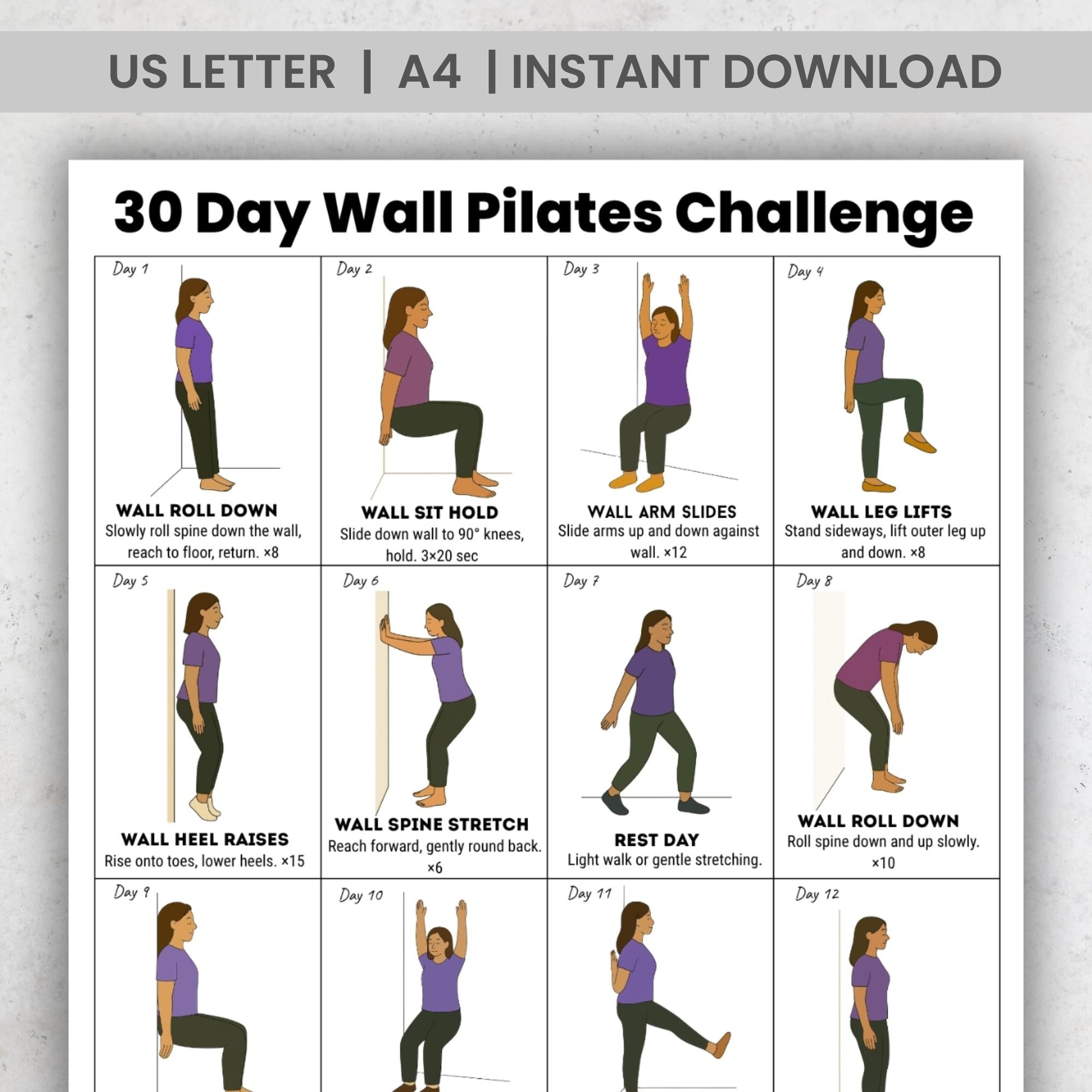 30 Day Wall Pilates Challenge Printable PDF Gentle Daily Wall Exercises Chart For Home Workout Beginner Friendly Instant Download Etsy Israel