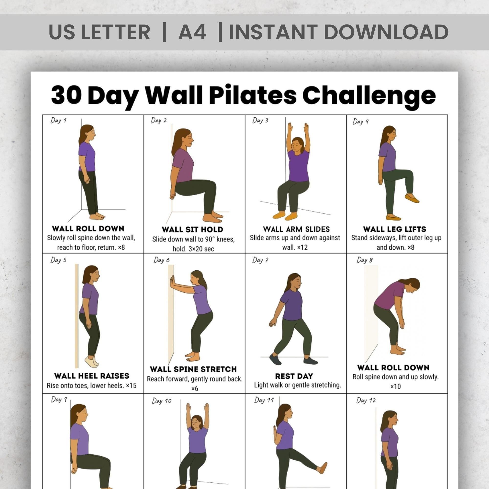 30 Day Wall Pilates Challenge Printable PDF Gentle Daily Wall Exercises Chart For Home Workout Beginner Friendly Instant Download Etsy Israel