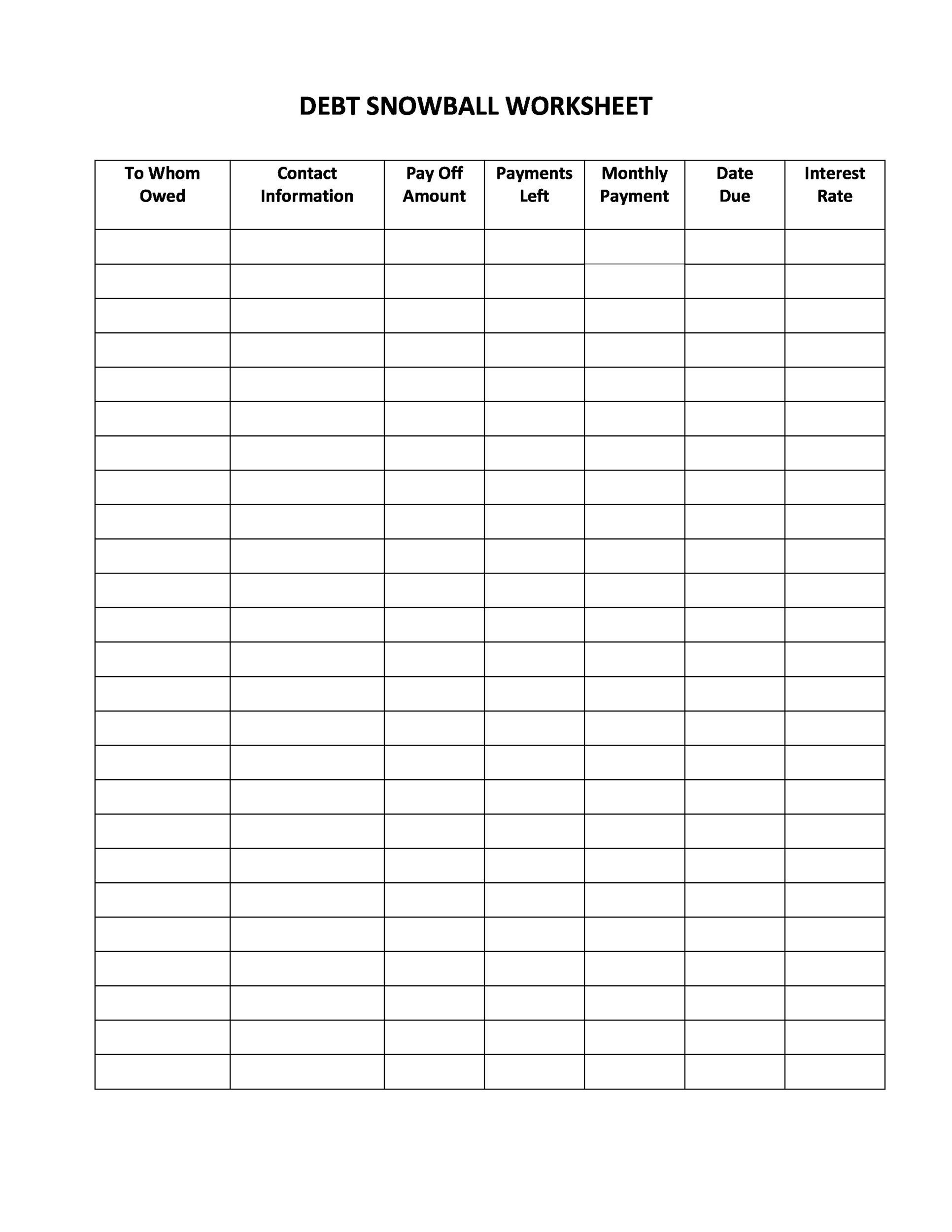 Debt Printable Worksheets