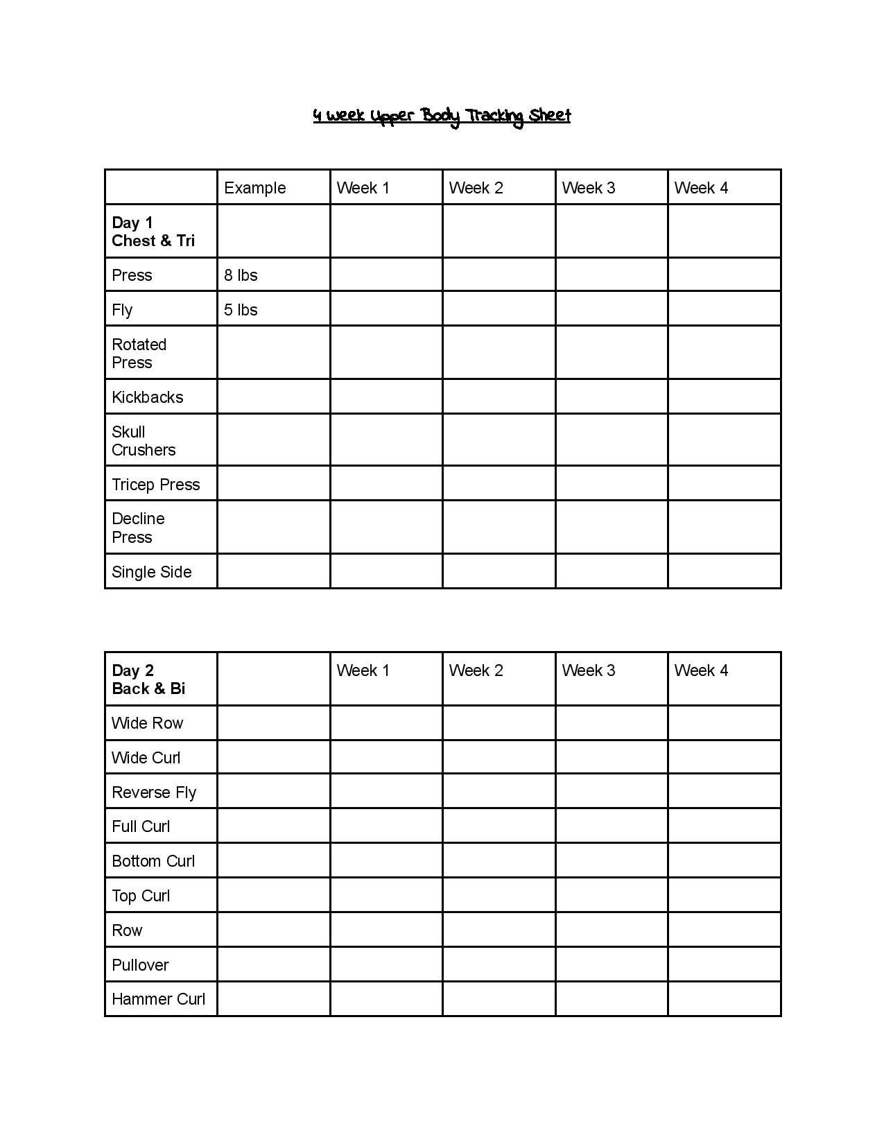 4 Week Upper Body Tracking Sheet Chart Exercise Gym Workout Sheet Gains Free Weights Etsy