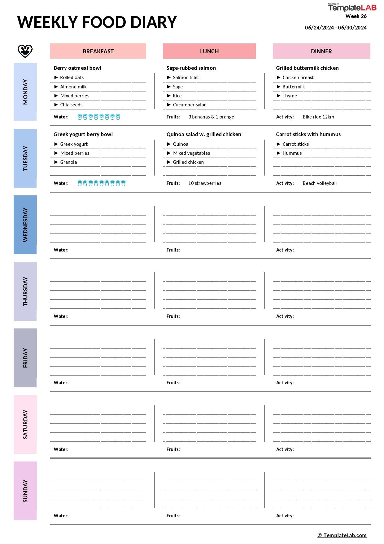 49 Simple Food Diary Templates Food Log Examples