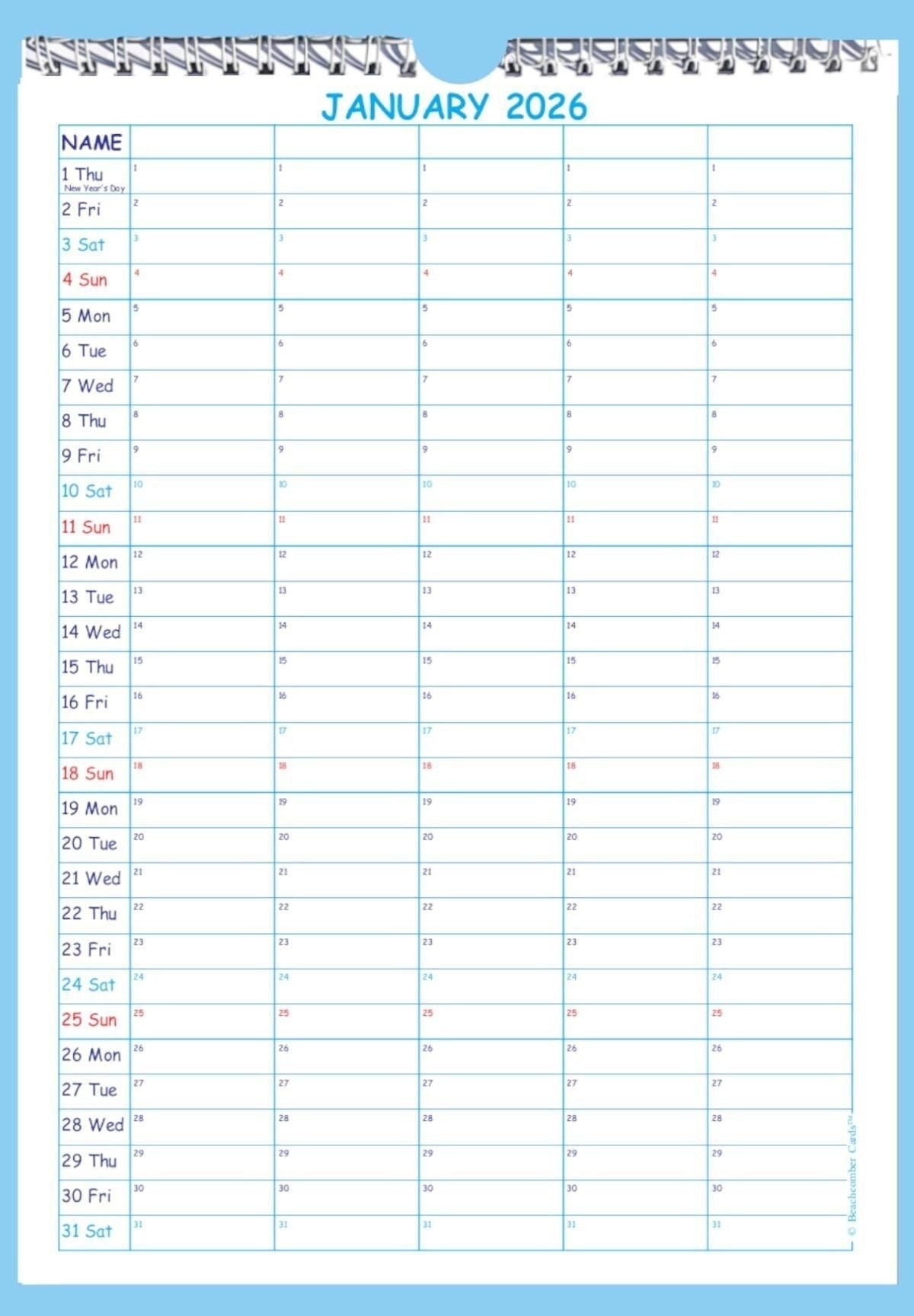 5 FAMILY CALENDAR 2026 A4 Size By Beachcomber Cards Etsy