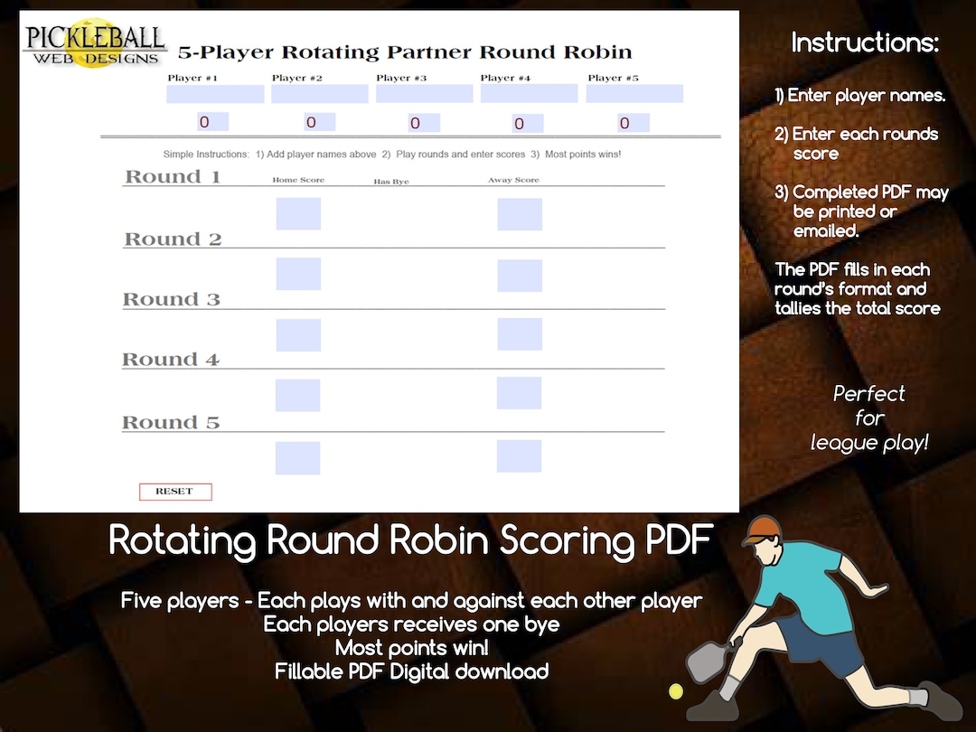 5 player Rotating Round Robin Scoring PDF fillable Etsy