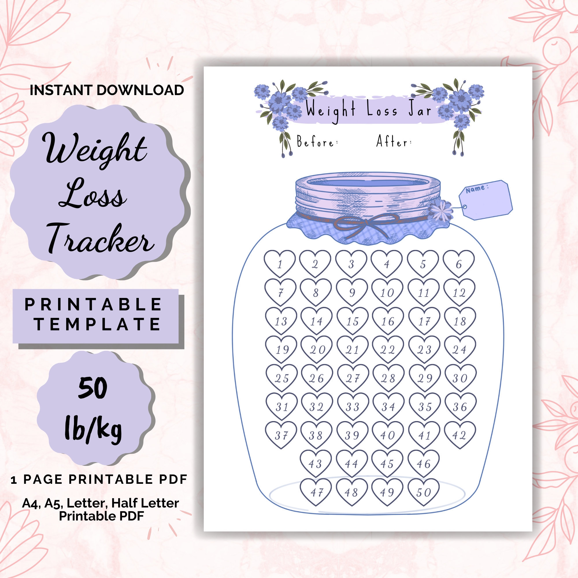 50 Lb Weight Loss Jar Tracker Printable digital Download Etsy