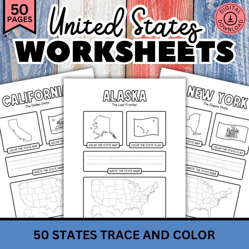 50 States Worksheets United States Coloring Pages State Name Tracing Geography Homeschool State FlagS Classful