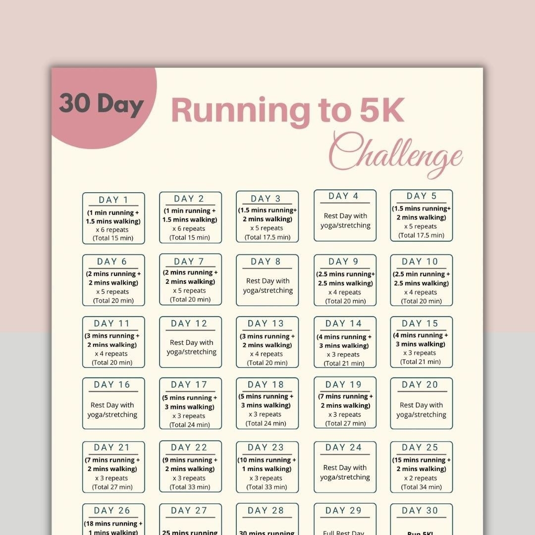5k Running Chart 30 Day Running 5K Challenge Printable Running Tracker Digital