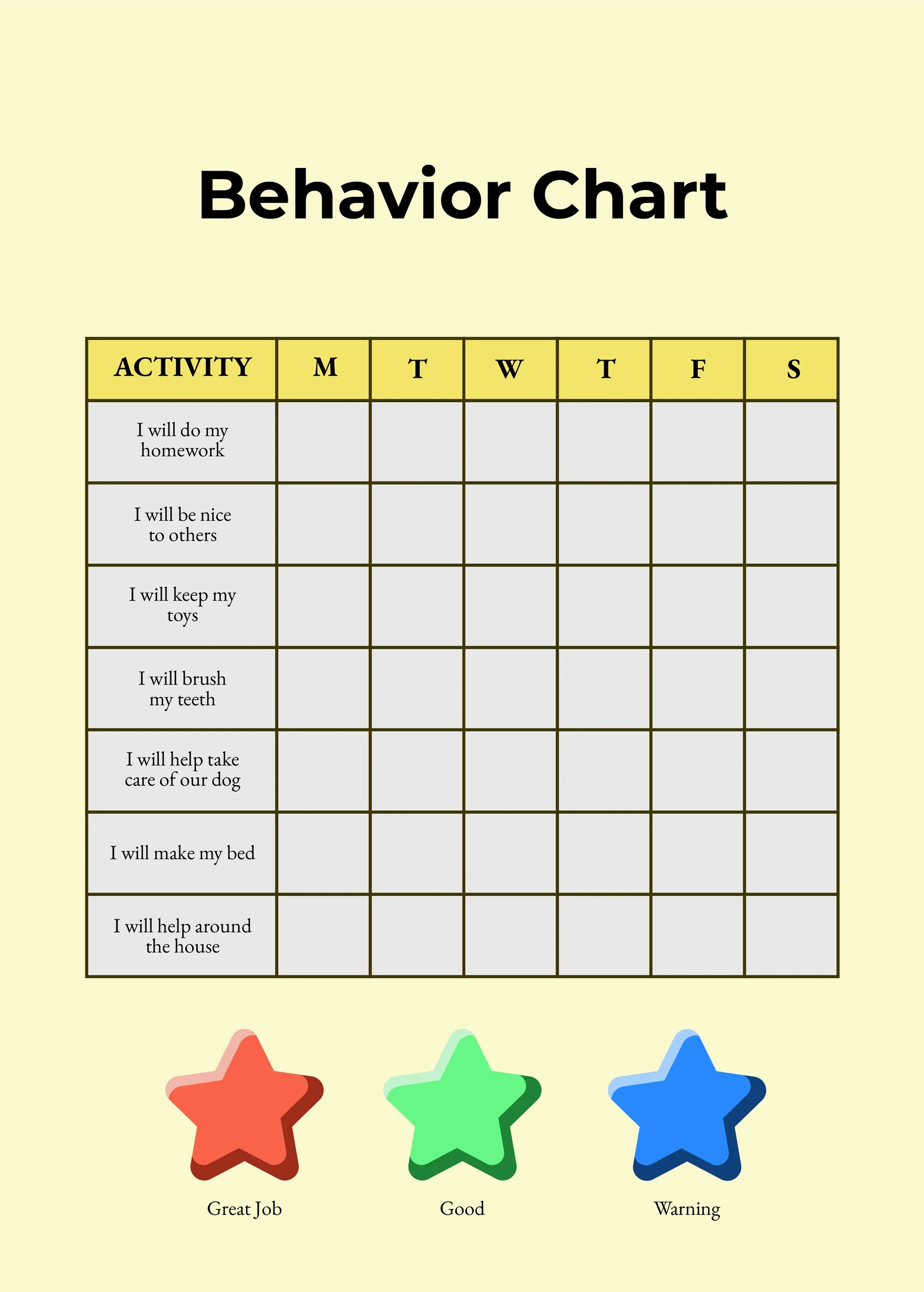 Printable Behavior Chart Templates