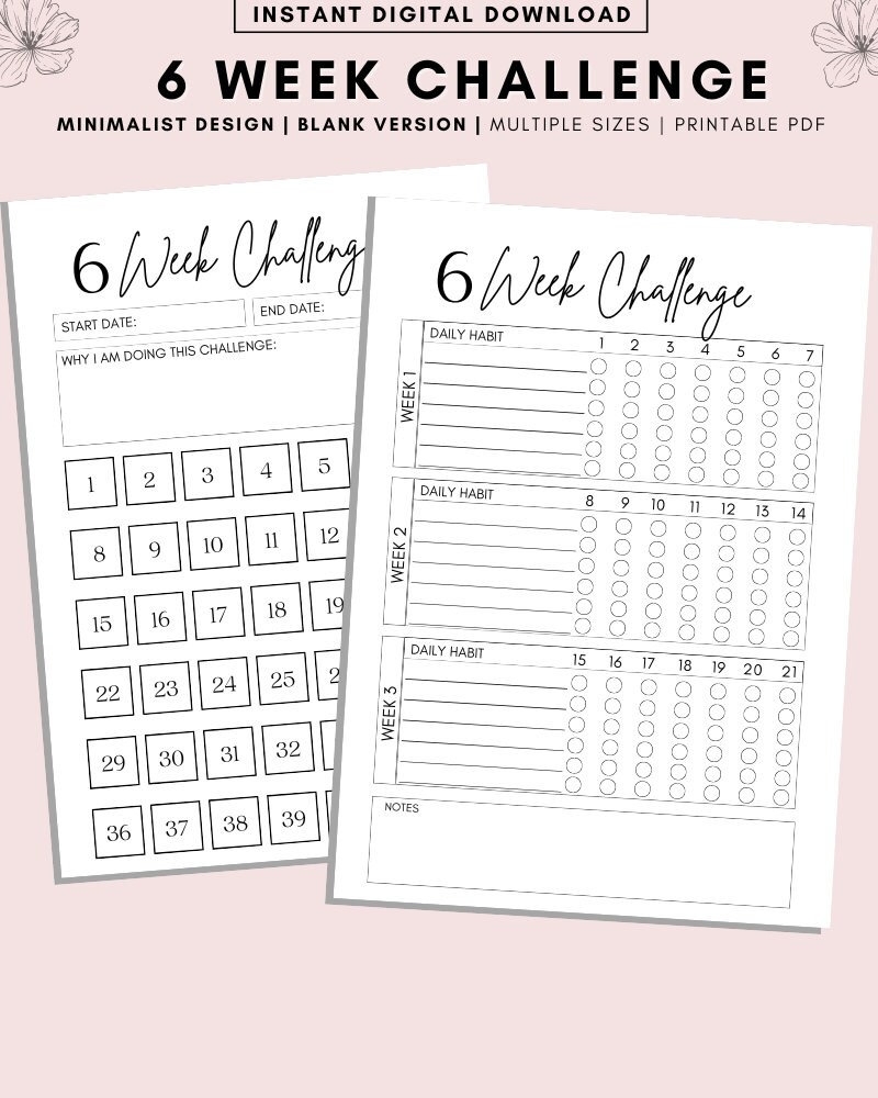 6 Week Challenge Tracker Fitness Self improvement digital Download Etsy